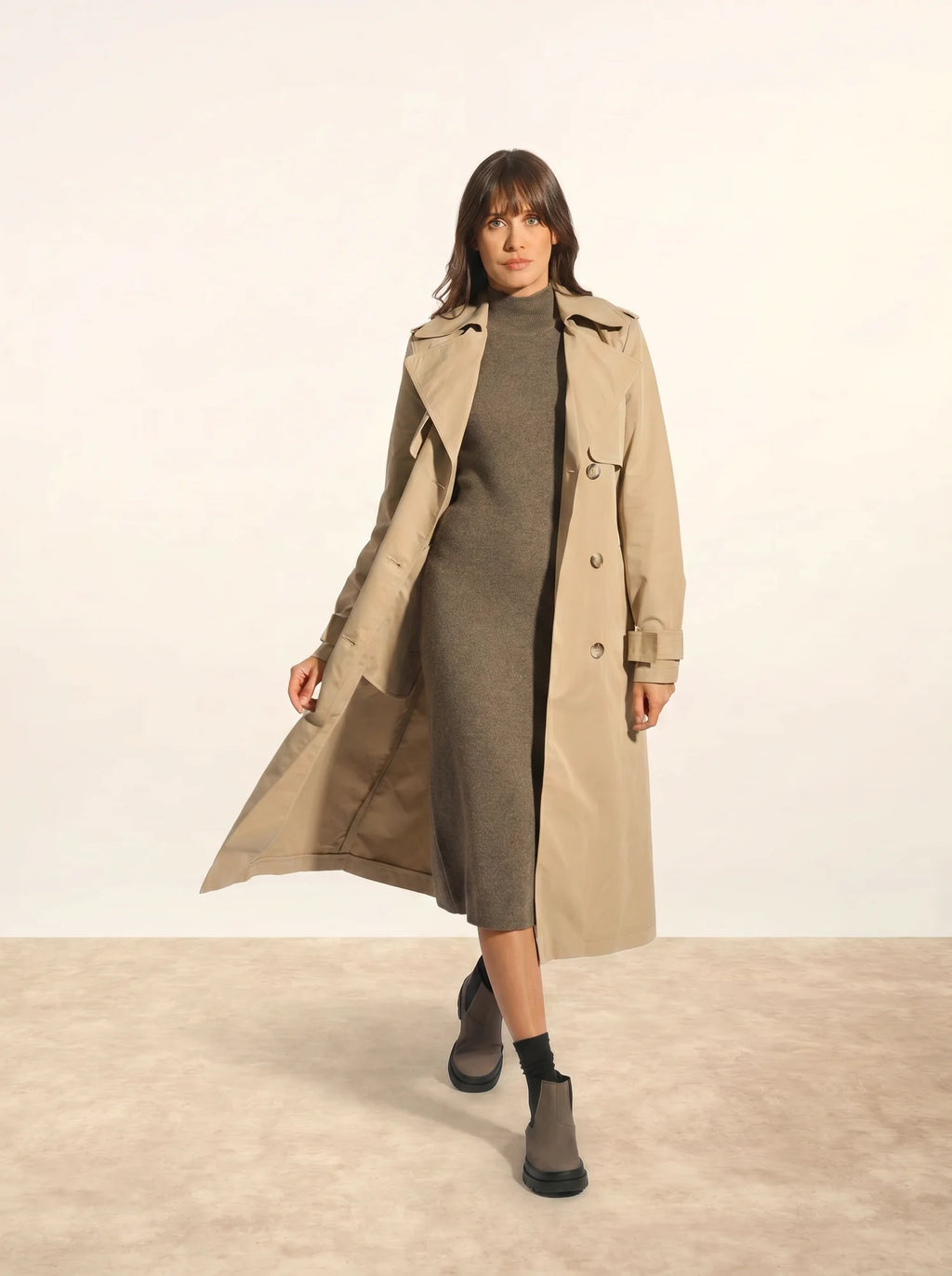LOTTIE kleid stehkragen ärmellos taupe meliert