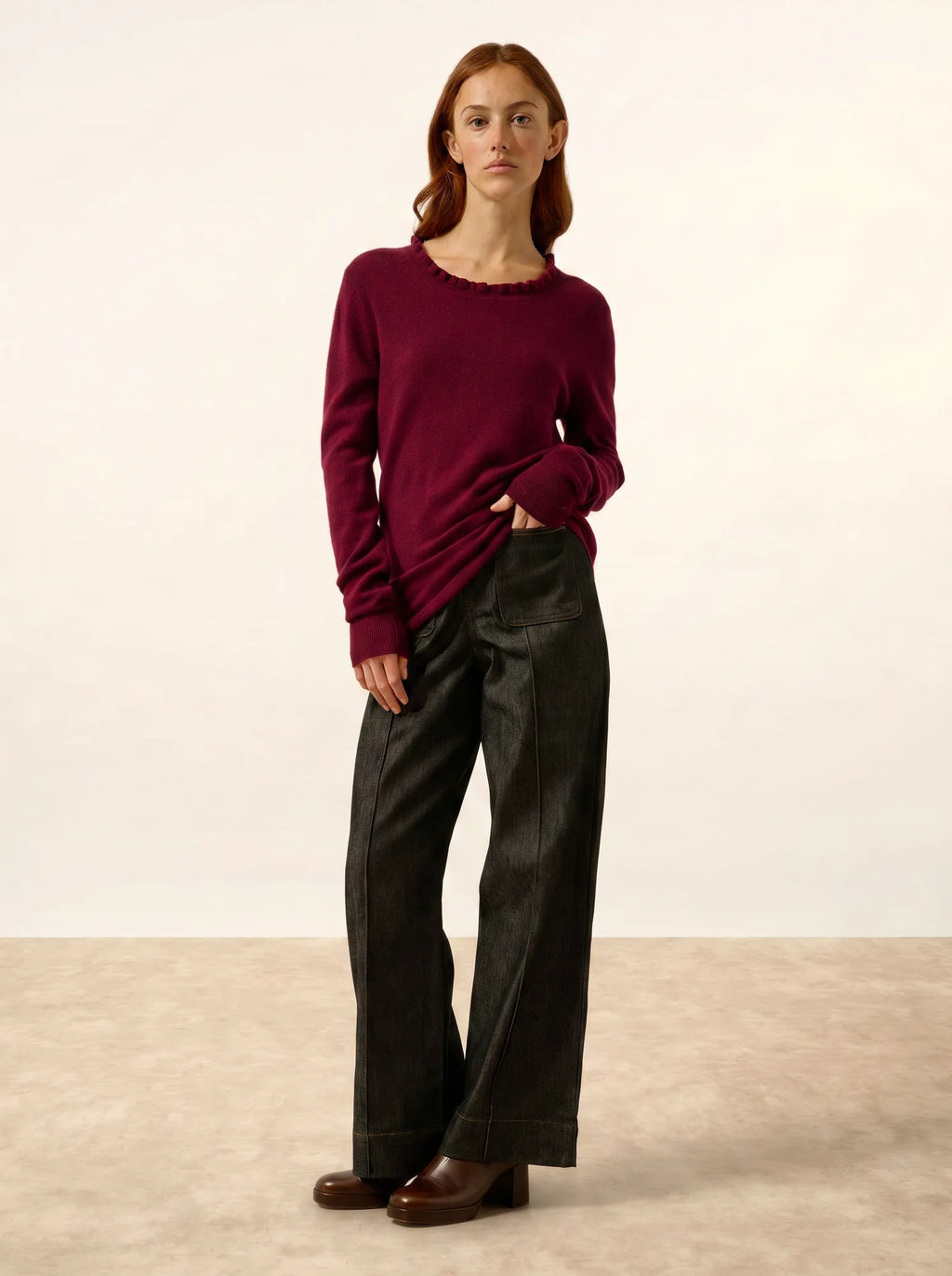 CHARLIE pullover stehkragen volant tropfen hinten bordeaux