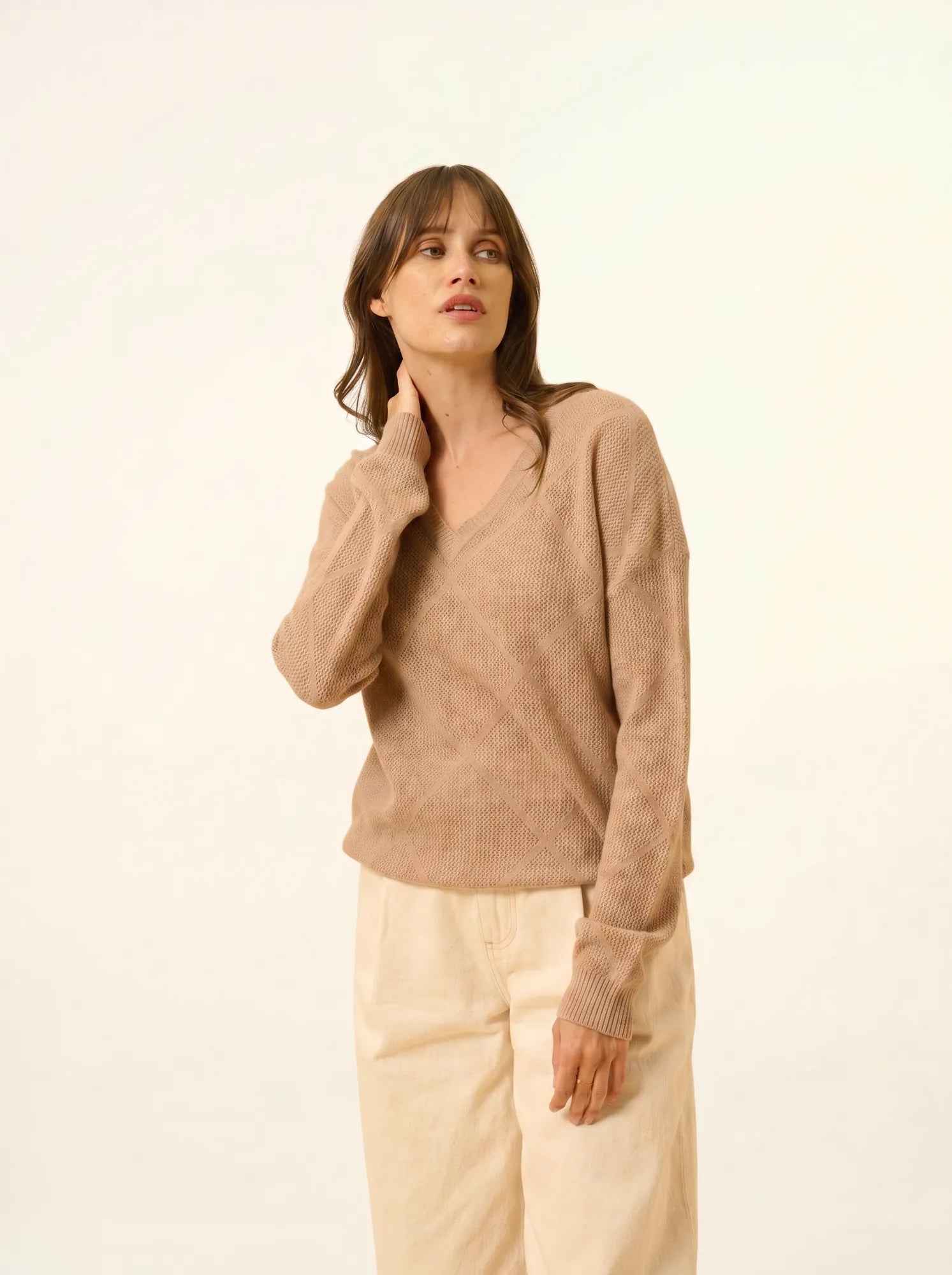 CAPUCINE pullover v-ausschnitt camel meliert