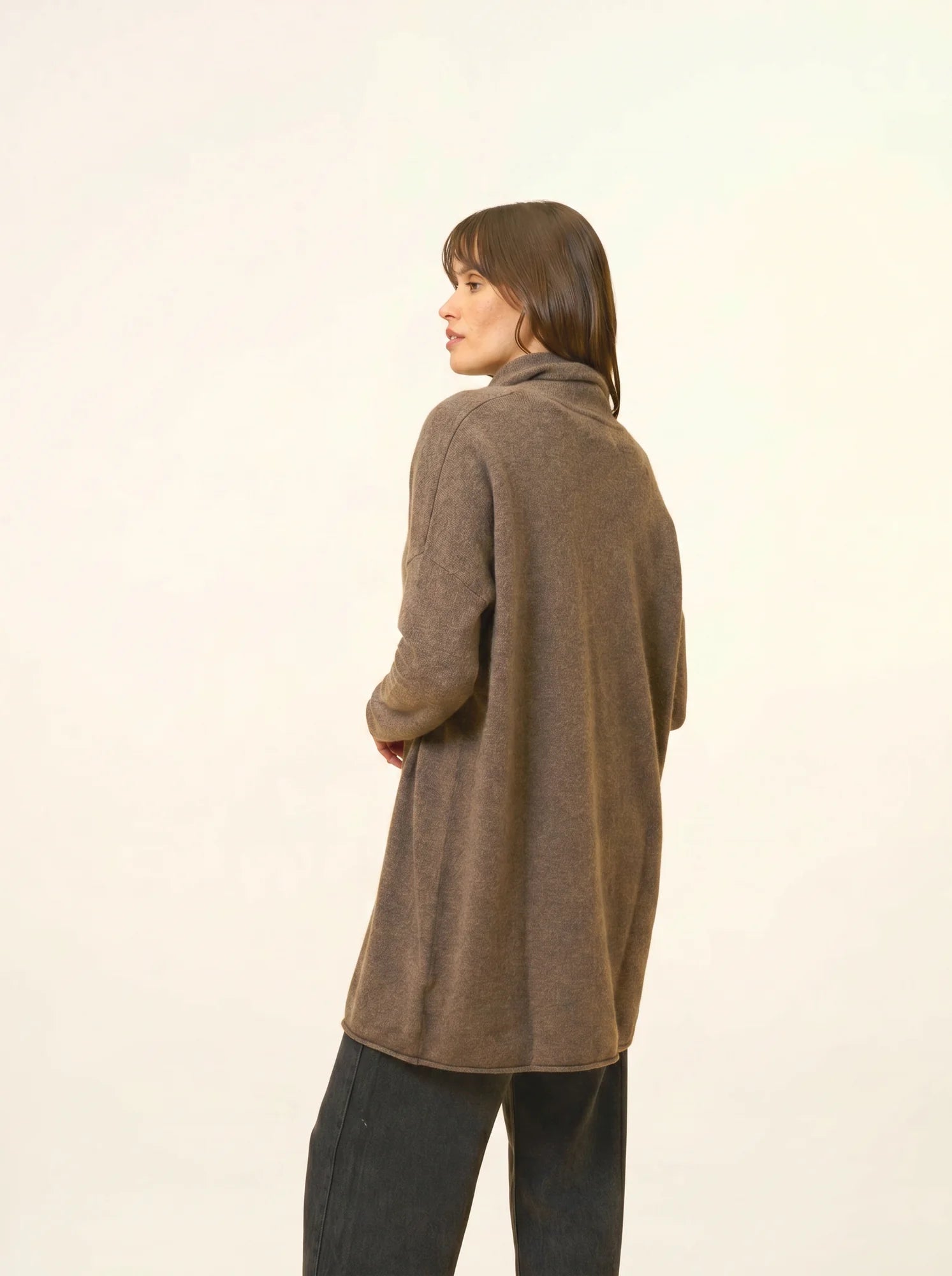 MADDIE jacke lang offen schalkragen taupe meliert