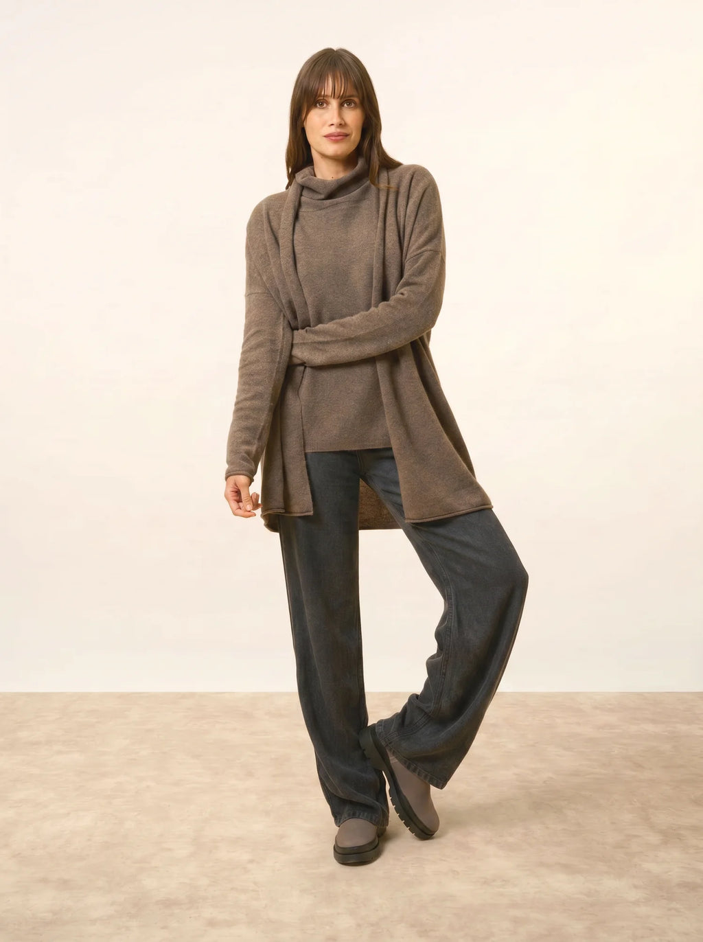 MADDIE jacke lang offen schalkragen taupe meliert