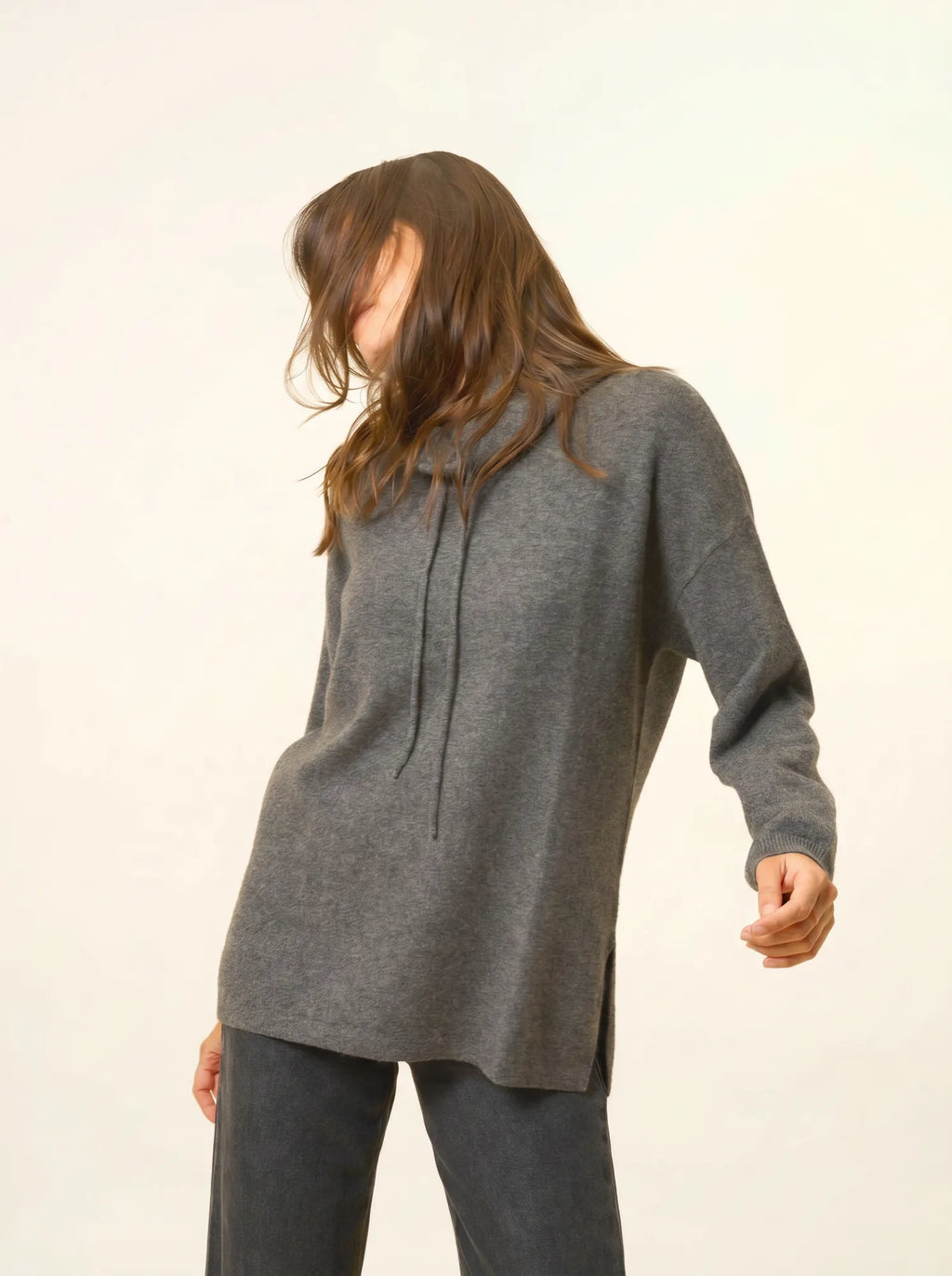 MELROSE pullover stehkragen kordelzug seitenschlitze anthrazit meliert