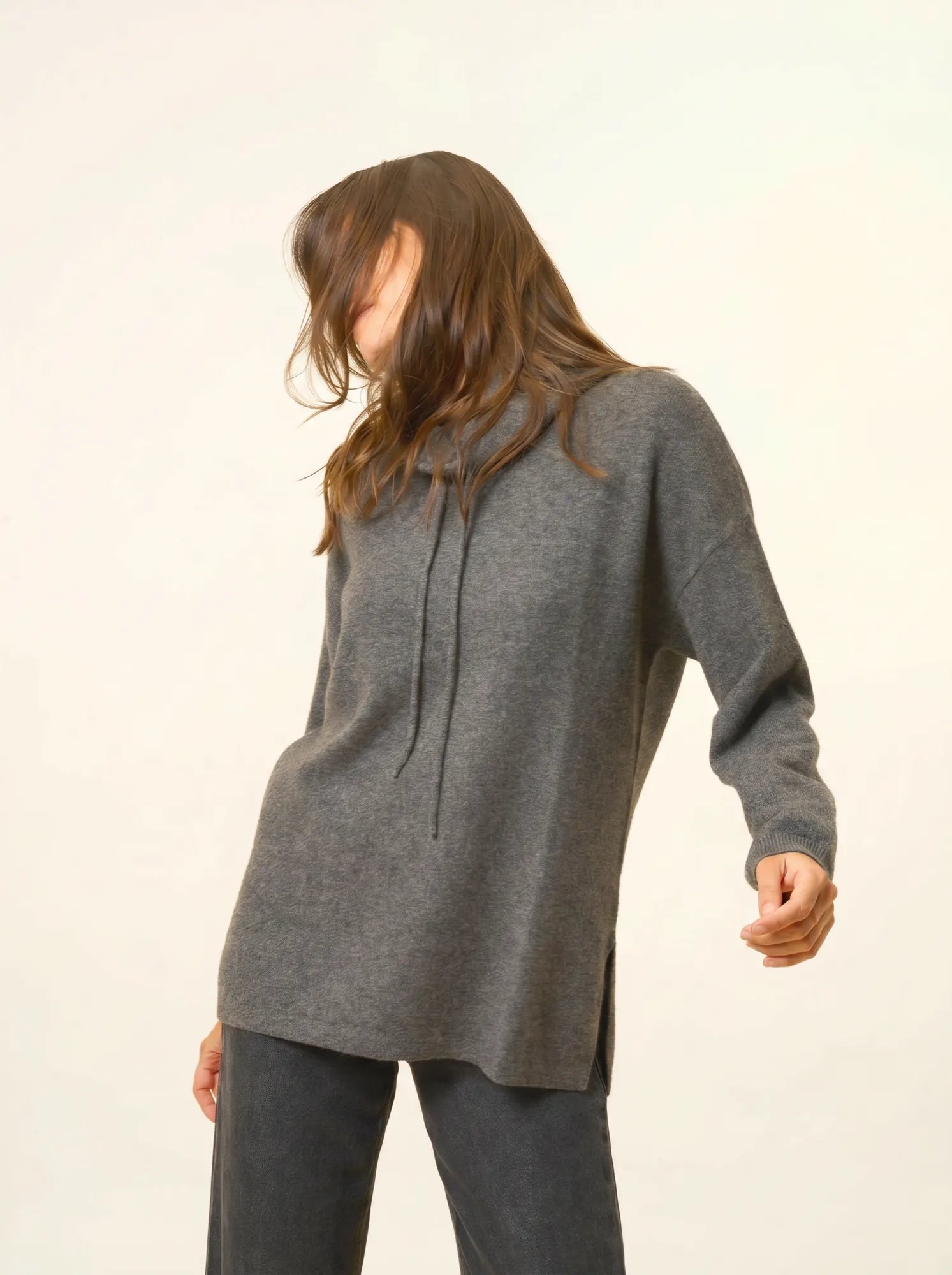 MELROSE pullover stehkragen kordelzug seitenschlitze anthrazit meliert