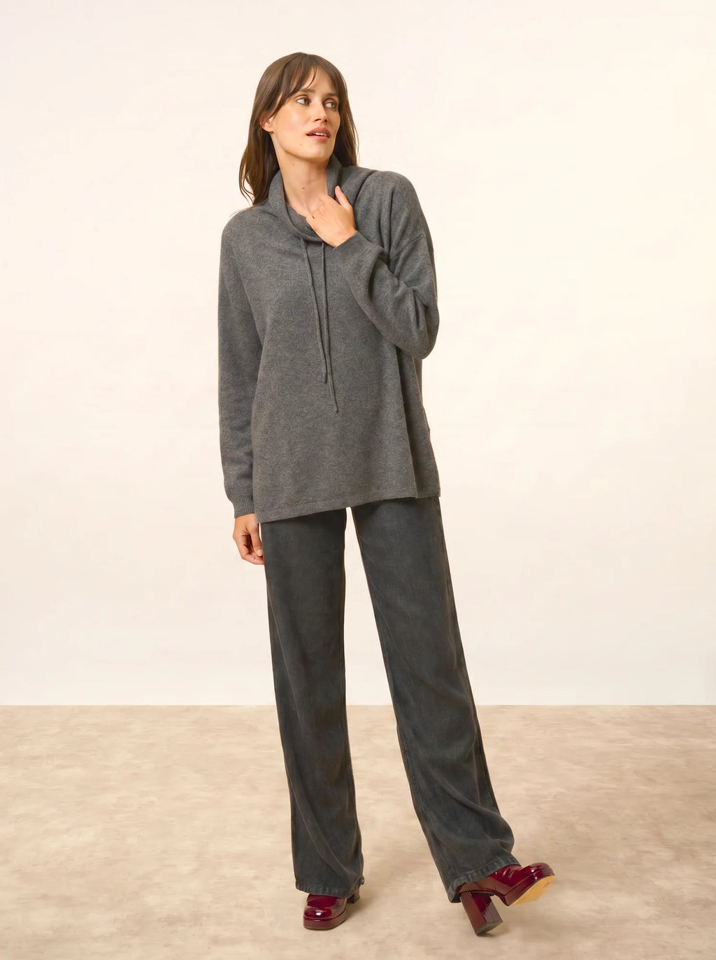 MELROSE pullover stehkragen kordelzug seitenschlitze anthrazit meliert