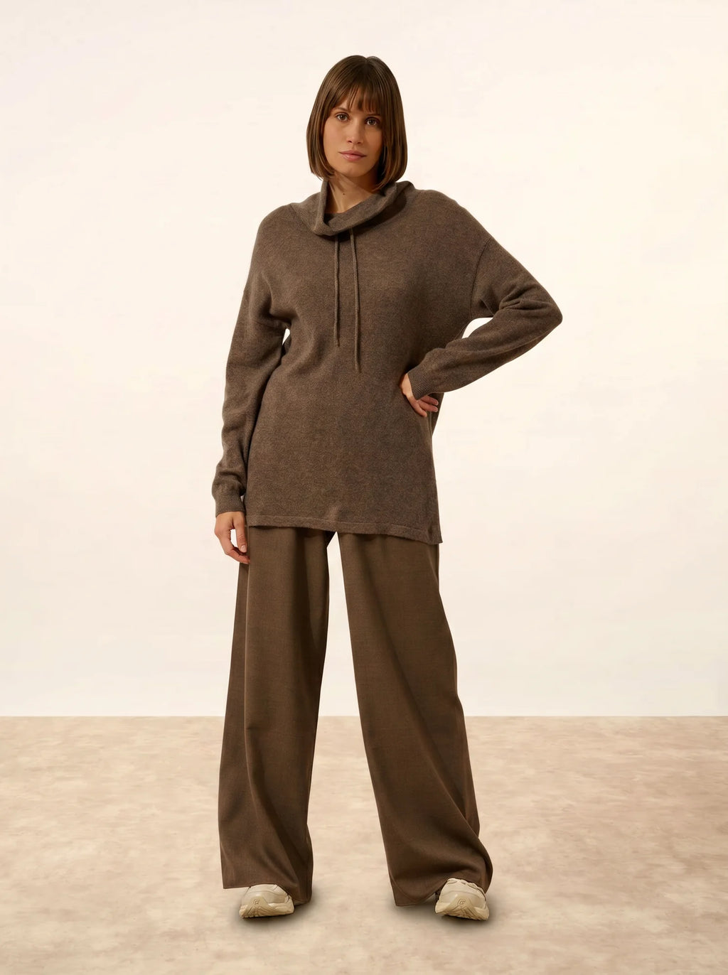 MELROSE pullover stehkragen kordelzug seitenschlitze taupe meliert