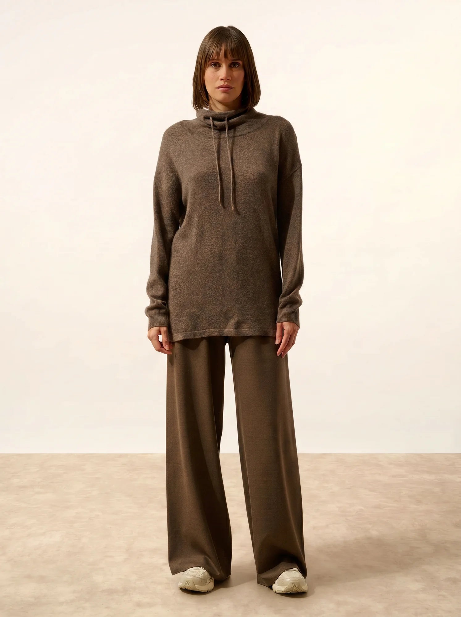 MELROSE pullover stehkragen kordelzug seitenschlitze taupe meliert