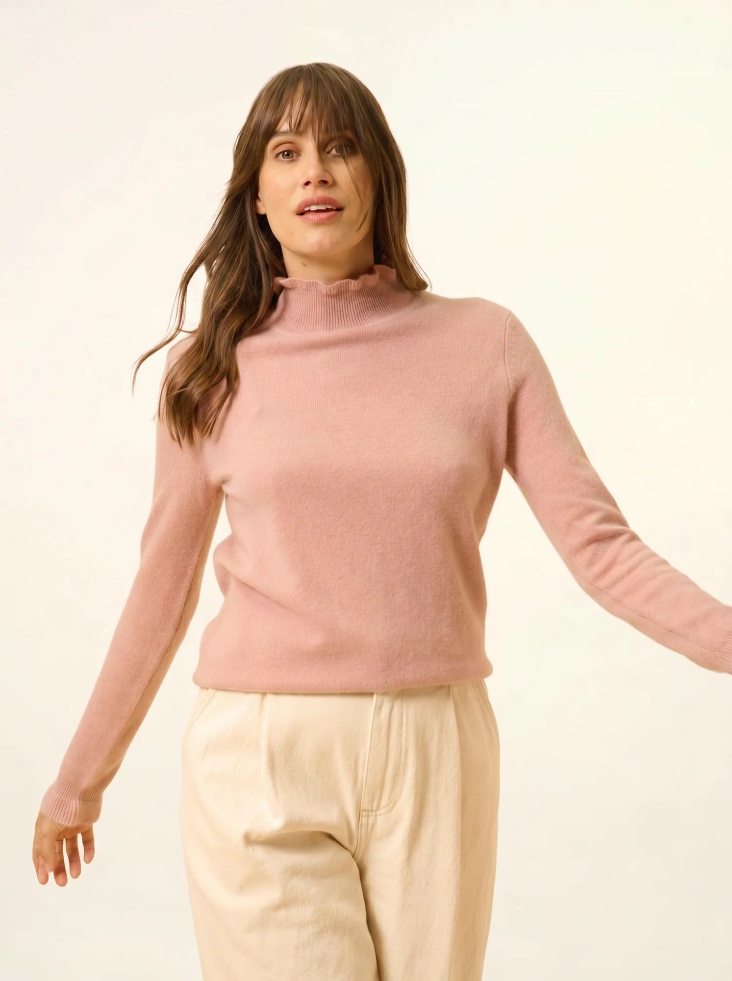TRILA pullover stehkragen volant bois de rosa