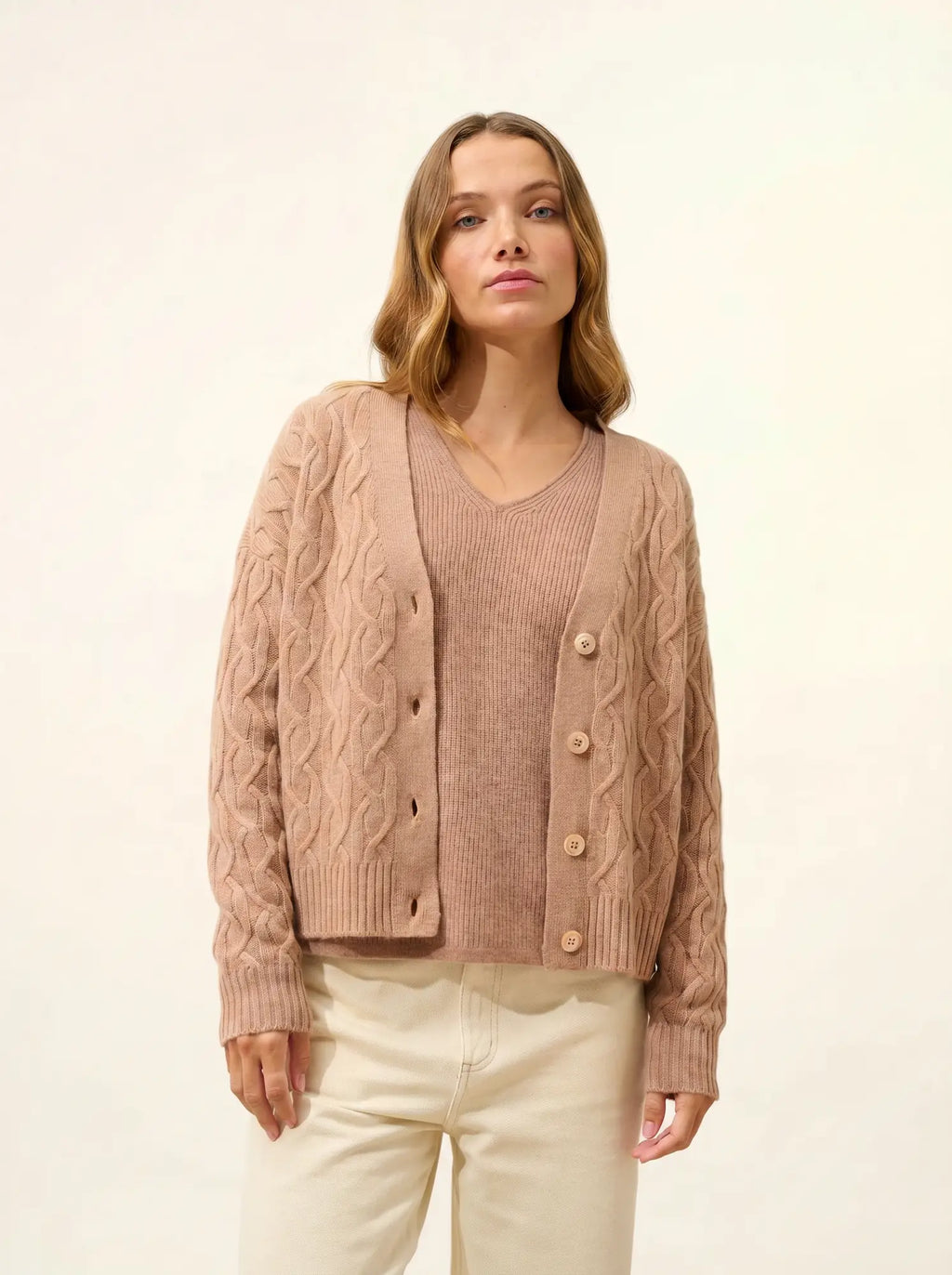 SYSTA strickjacke v-ausschnitt 4-fädig camel meliert