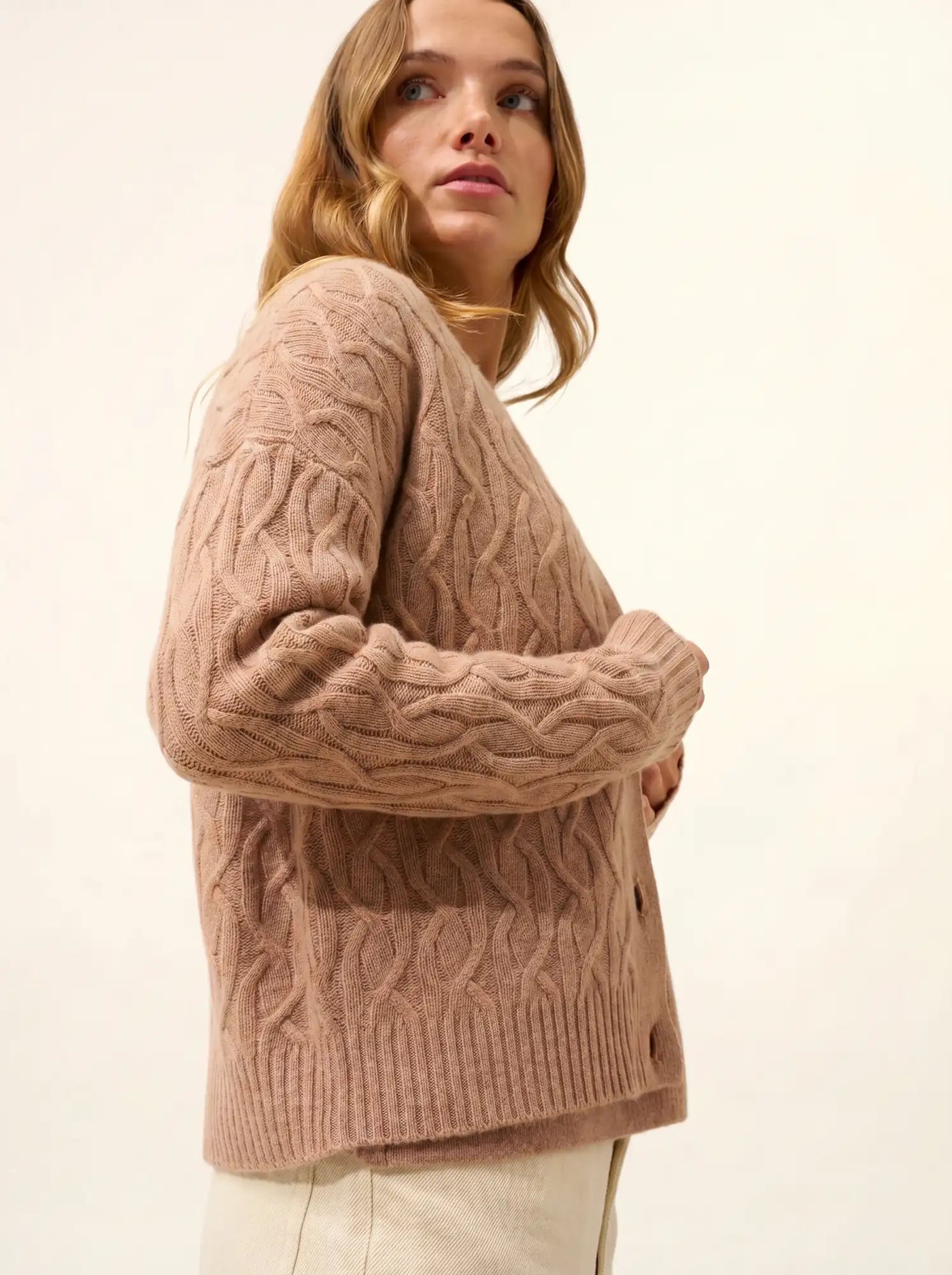 SYSTA strickjacke v-ausschnitt 4-fädig camel meliert