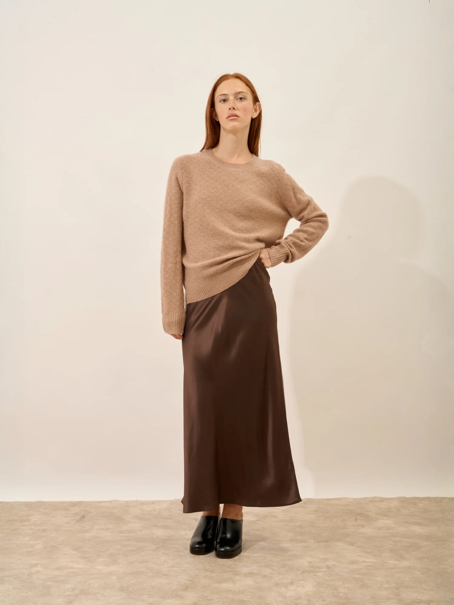 SIGRUN pullover rundhalsausschnitt 4-fädig camel meliert