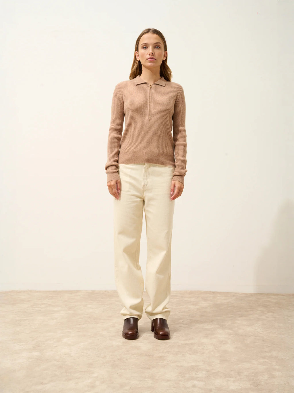 KRISTJAN poloshirt reissverschlusskragen langarm camel meliert