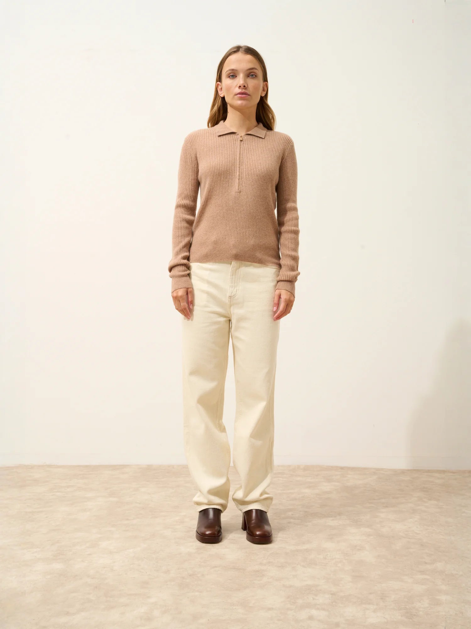 KRISTJAN poloshirt reissverschlusskragen langarm camel meliert