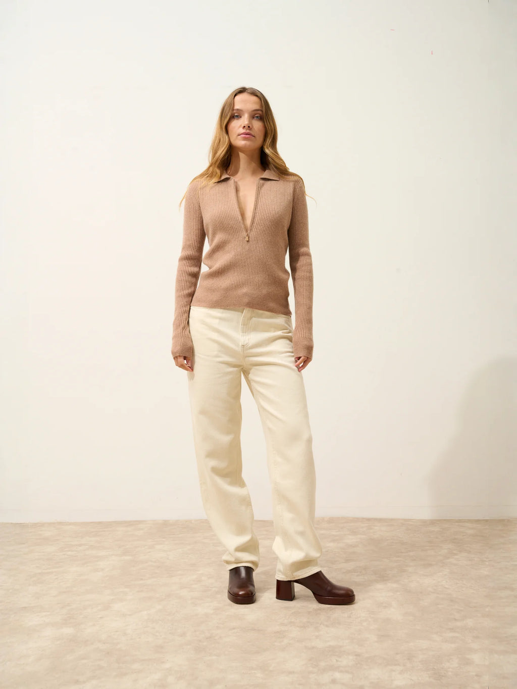 KRISTJAN poloshirt reissverschlusskragen langarm camel meliert