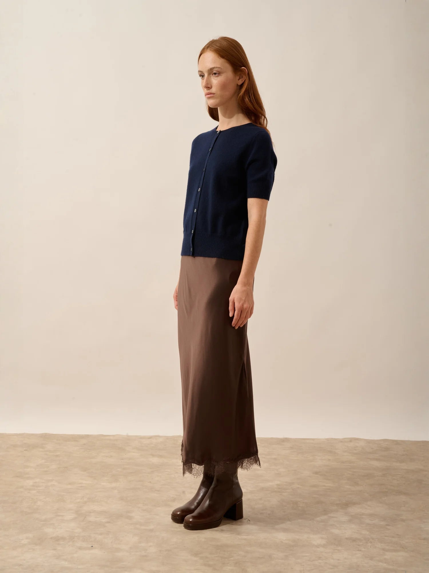 SAMUEL strickjacke rundhalsausschnitt kurzarm marineblau