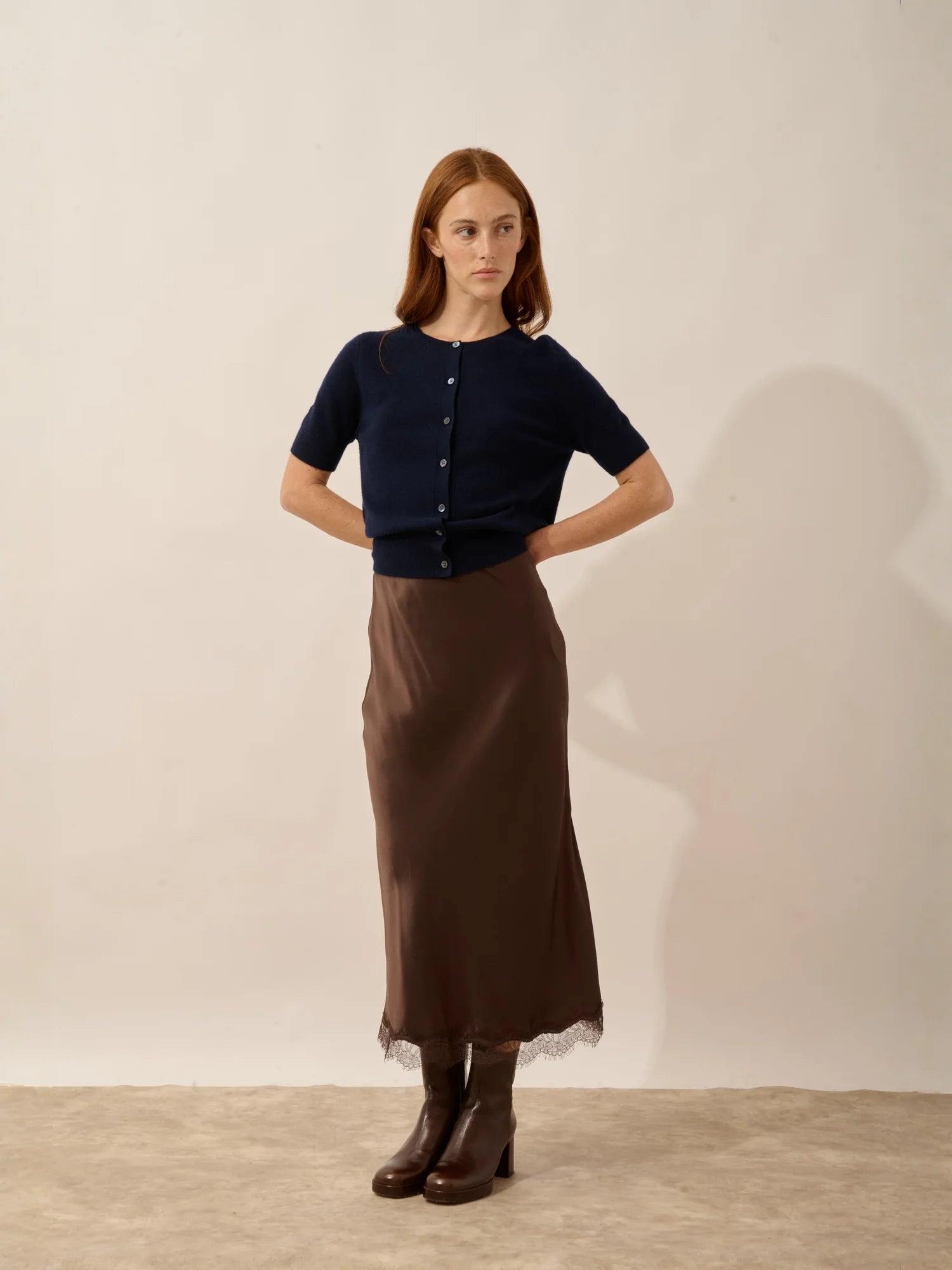 SAMUEL strickjacke rundhalsausschnitt kurzarm marineblau