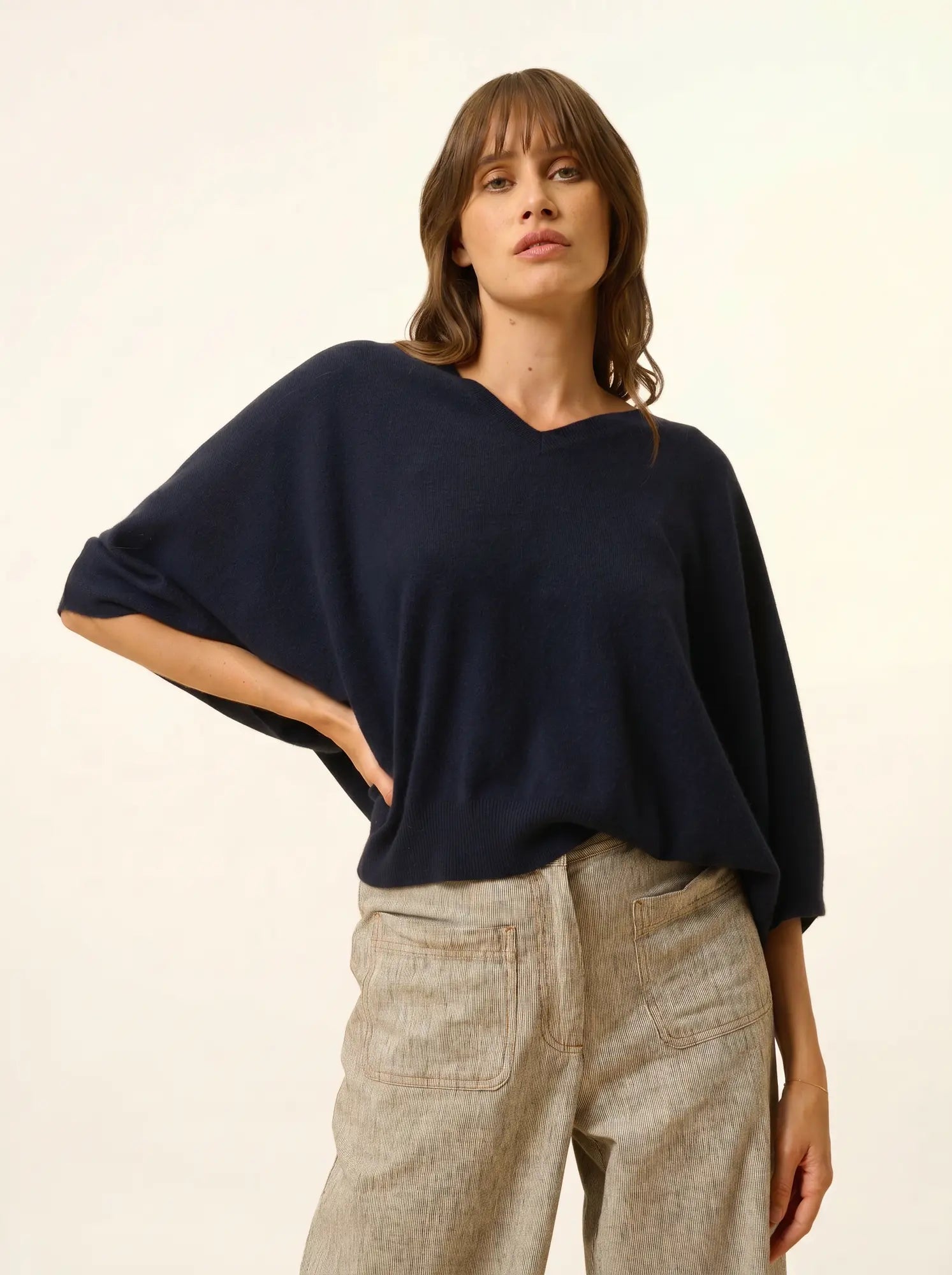 POLO pullover v-ausschnitt chauve souris marineblau