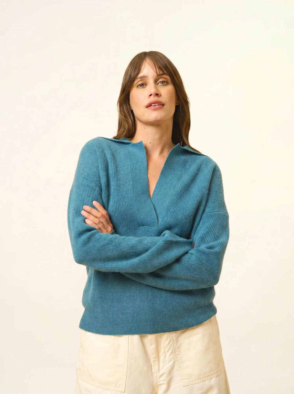 GARCIA poloshirt v-ausschnitt croisé langarm petrol meliert