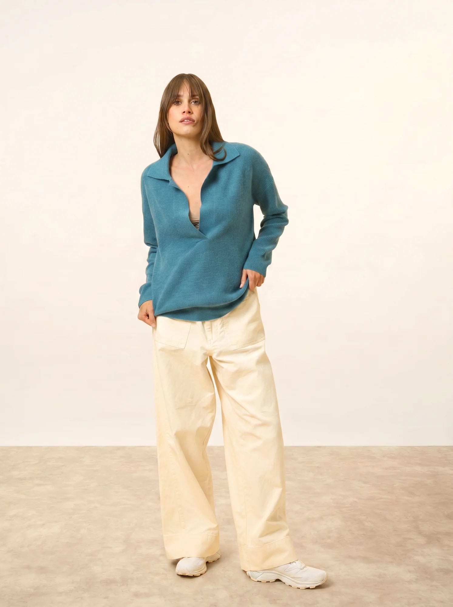 GARCIA poloshirt v-ausschnitt croisé langarm petrol meliert