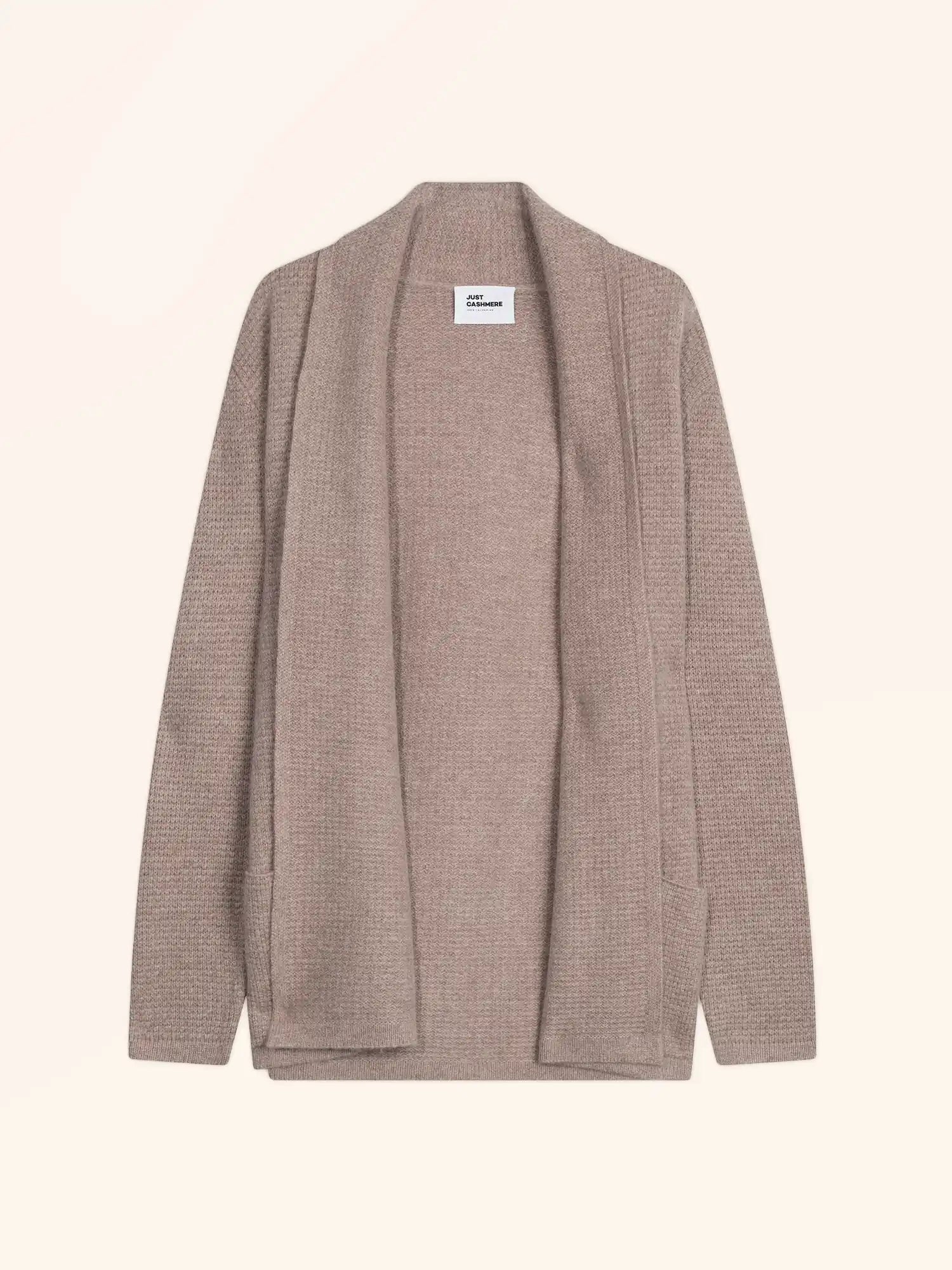 TARAPOTO jacke lang offen schalkragen 4-fädig taupe hell meliert