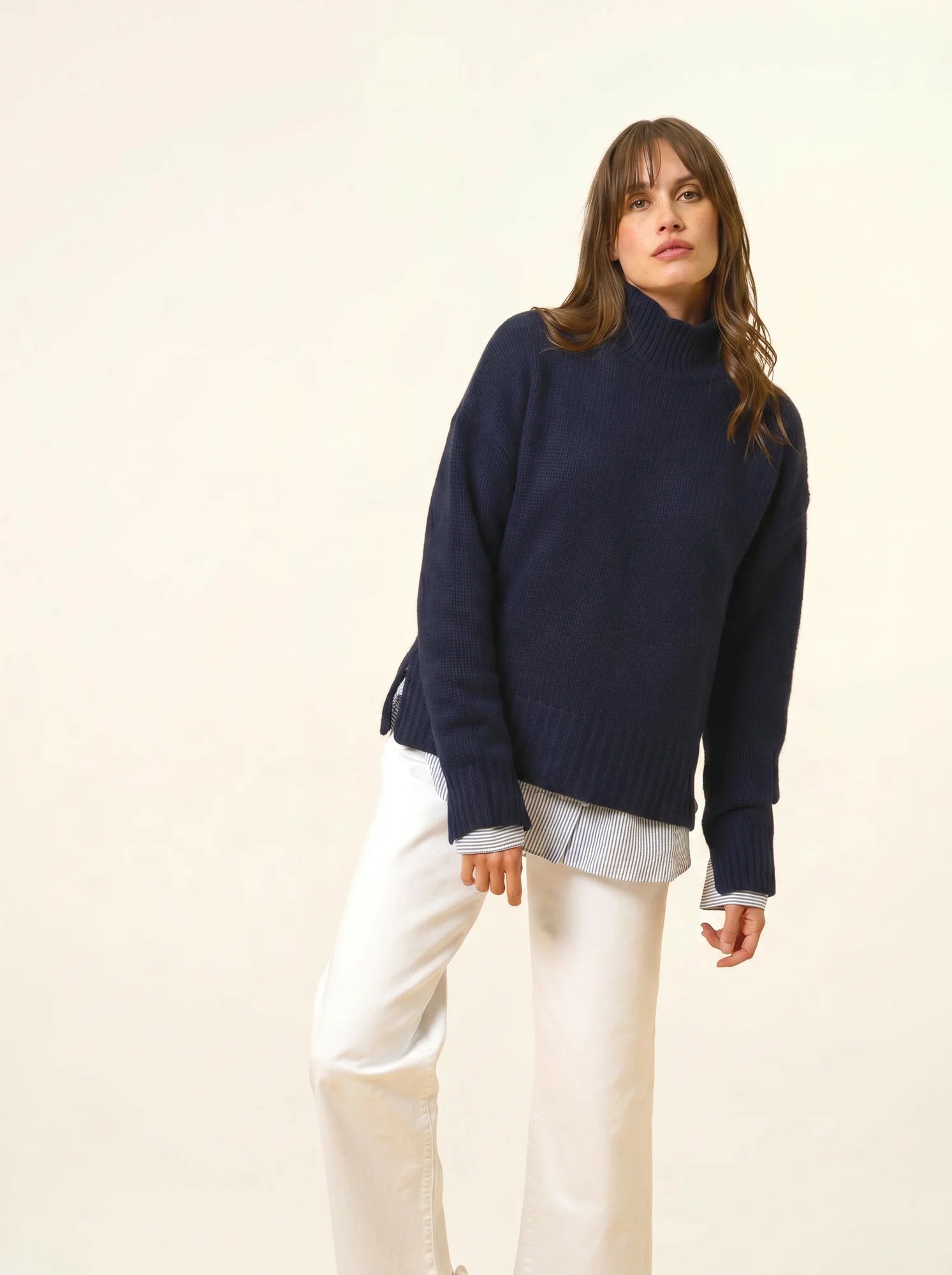 SULLANA pullover stehkragen seitenschlitze 12-fädig marineblau