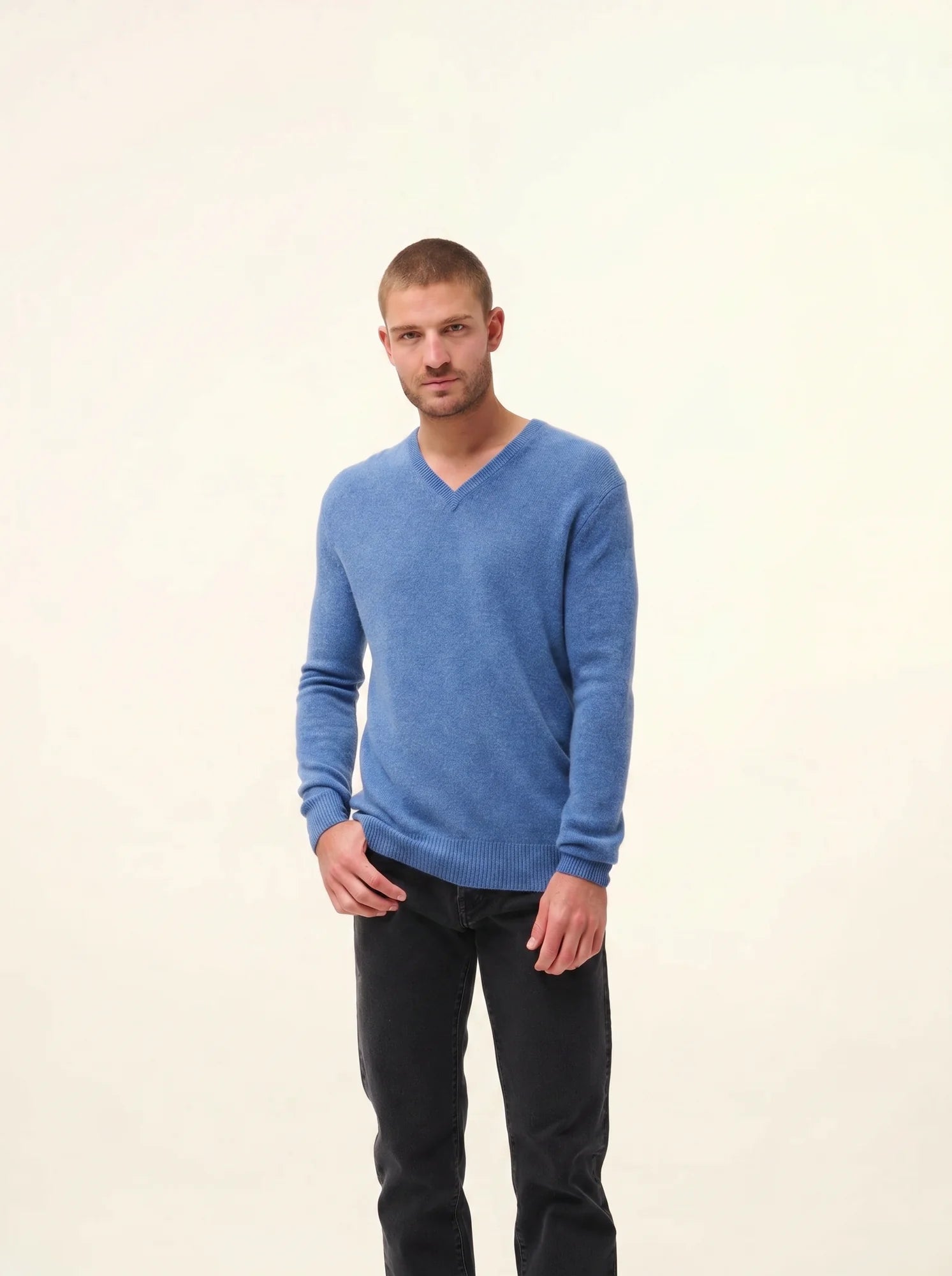 NATHAN pull col V 4 fils bleu denim