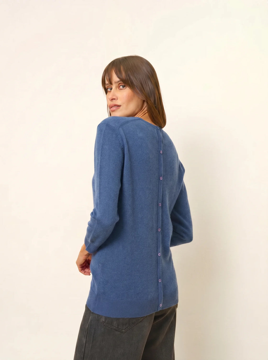 JANICE Pull Col Rond Boutonné Dos Bleu Denim