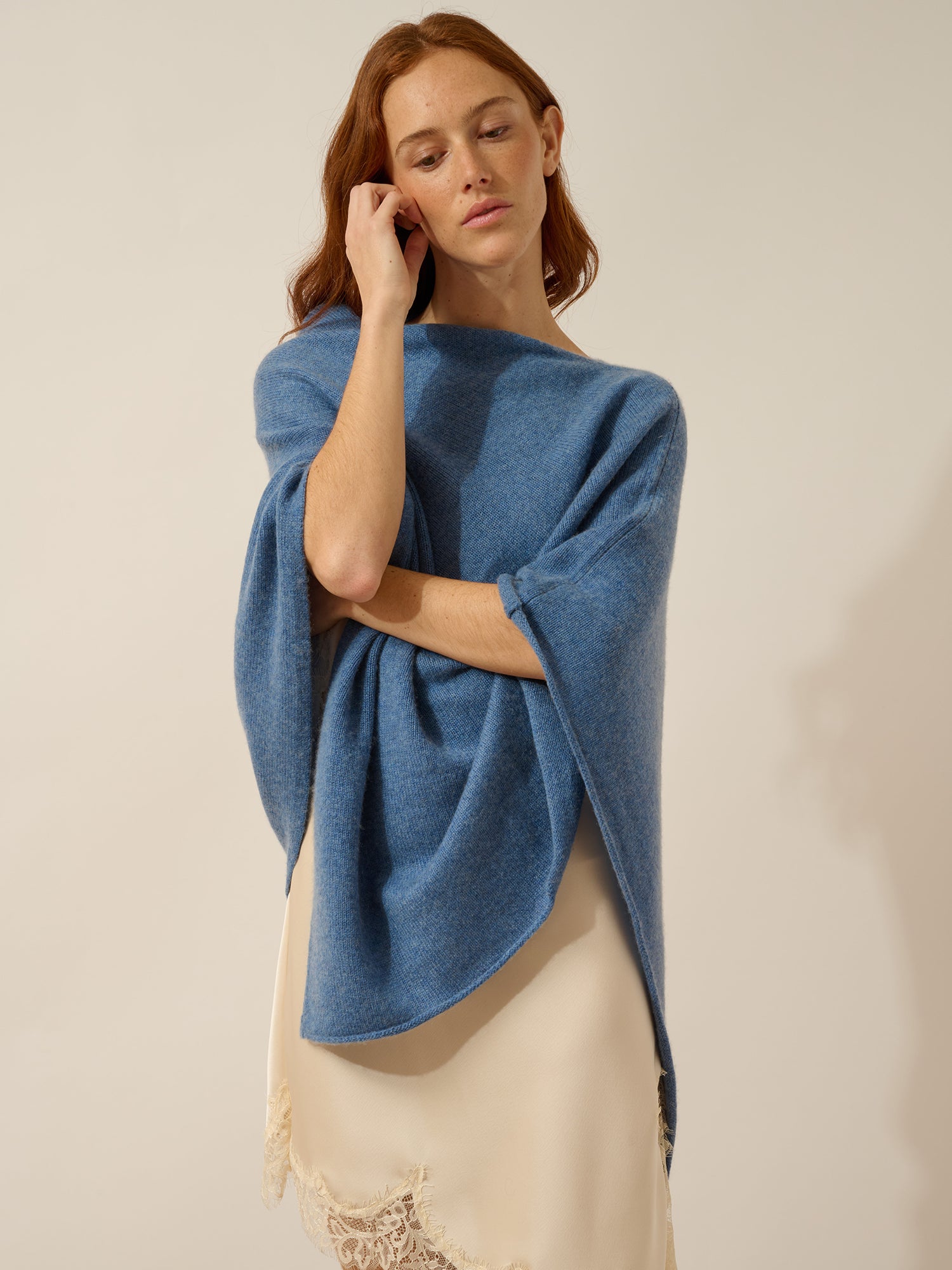 ASHLEY poncho col bateau bleu denim