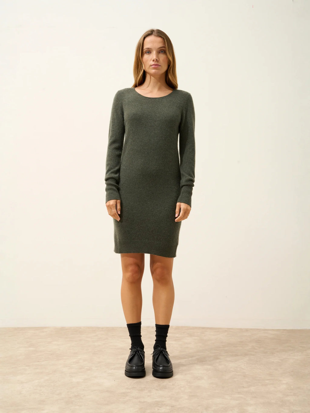 SUSAN kleid rundhalsausschnitt khaki meliert
