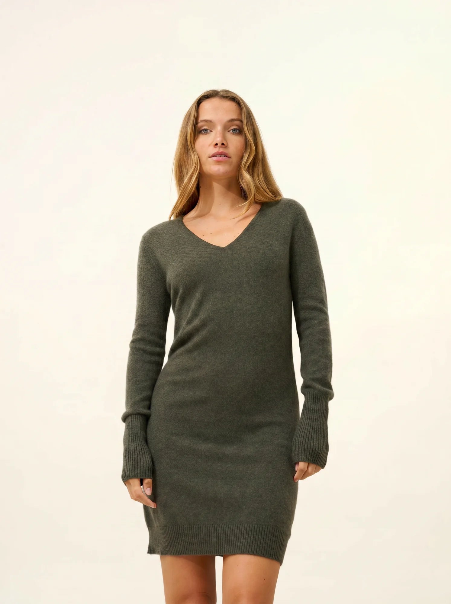 TRACY kleid v-ausschnitt khaki meliert