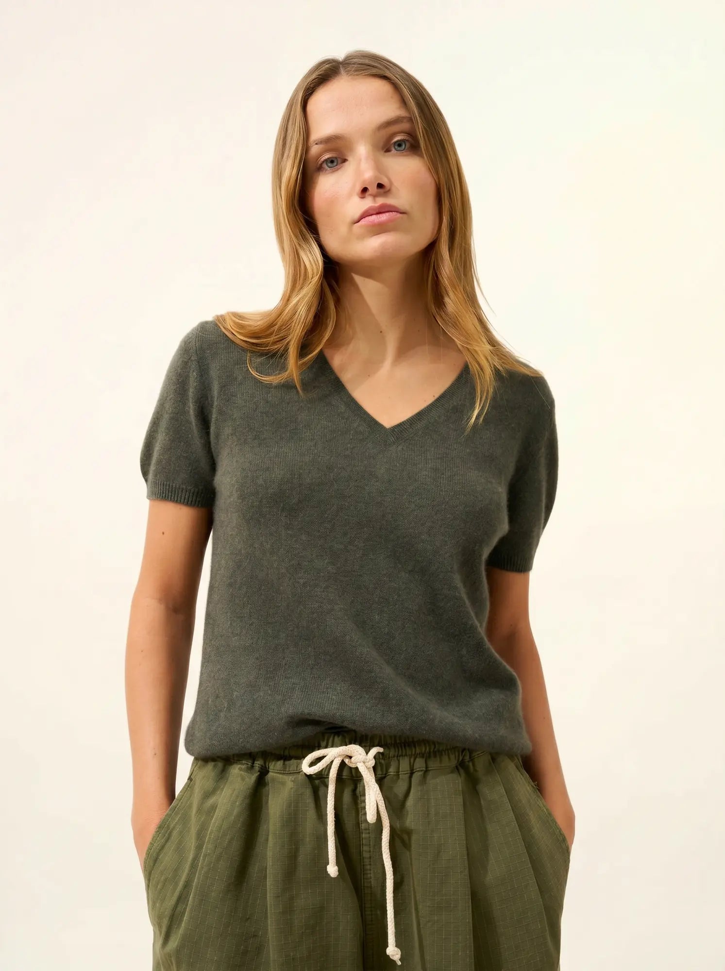 GLAMIS t-shirt col V kaki chiné