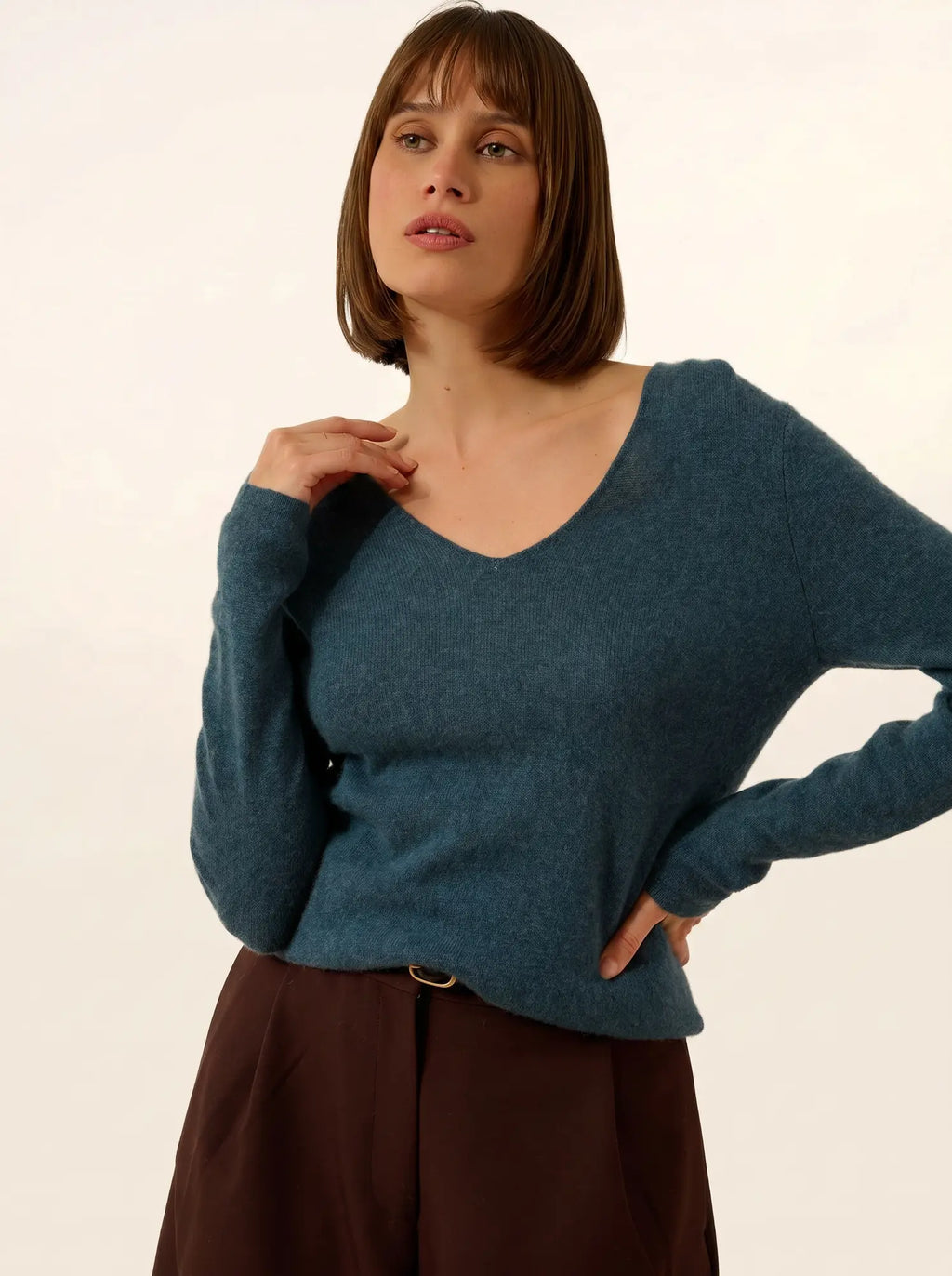 JOAN pull col V vert canard chiné