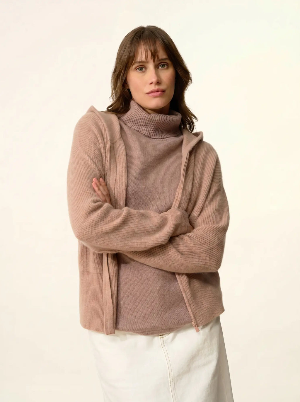 HELGA weste mit reissverschluss mit kapuze camel meliert