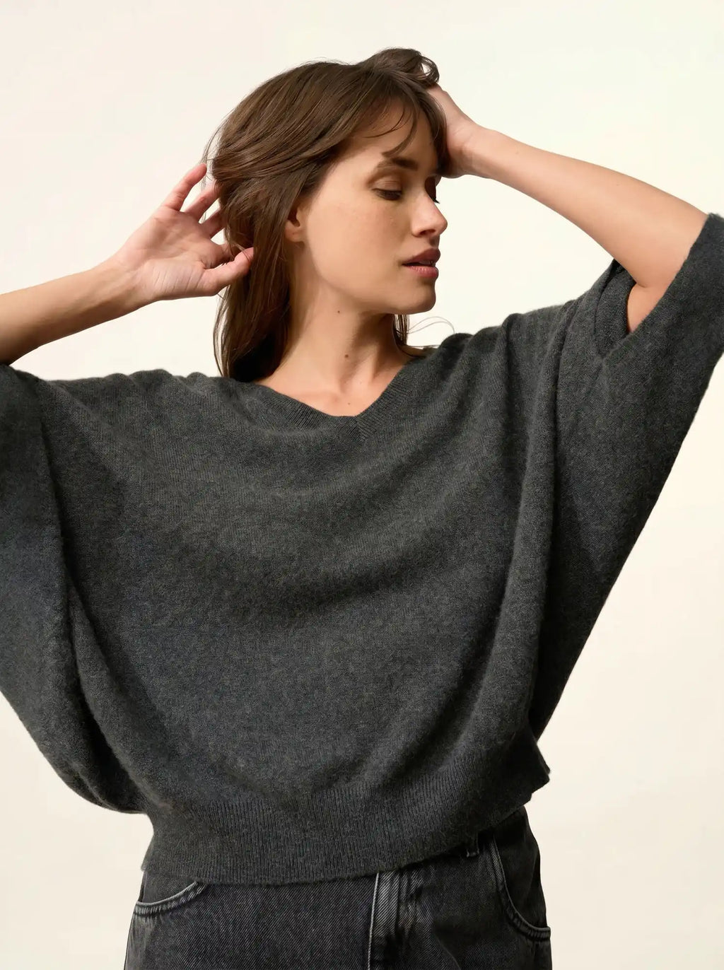 POLO pullover v-ausschnitt chauve souris carbone meliert
