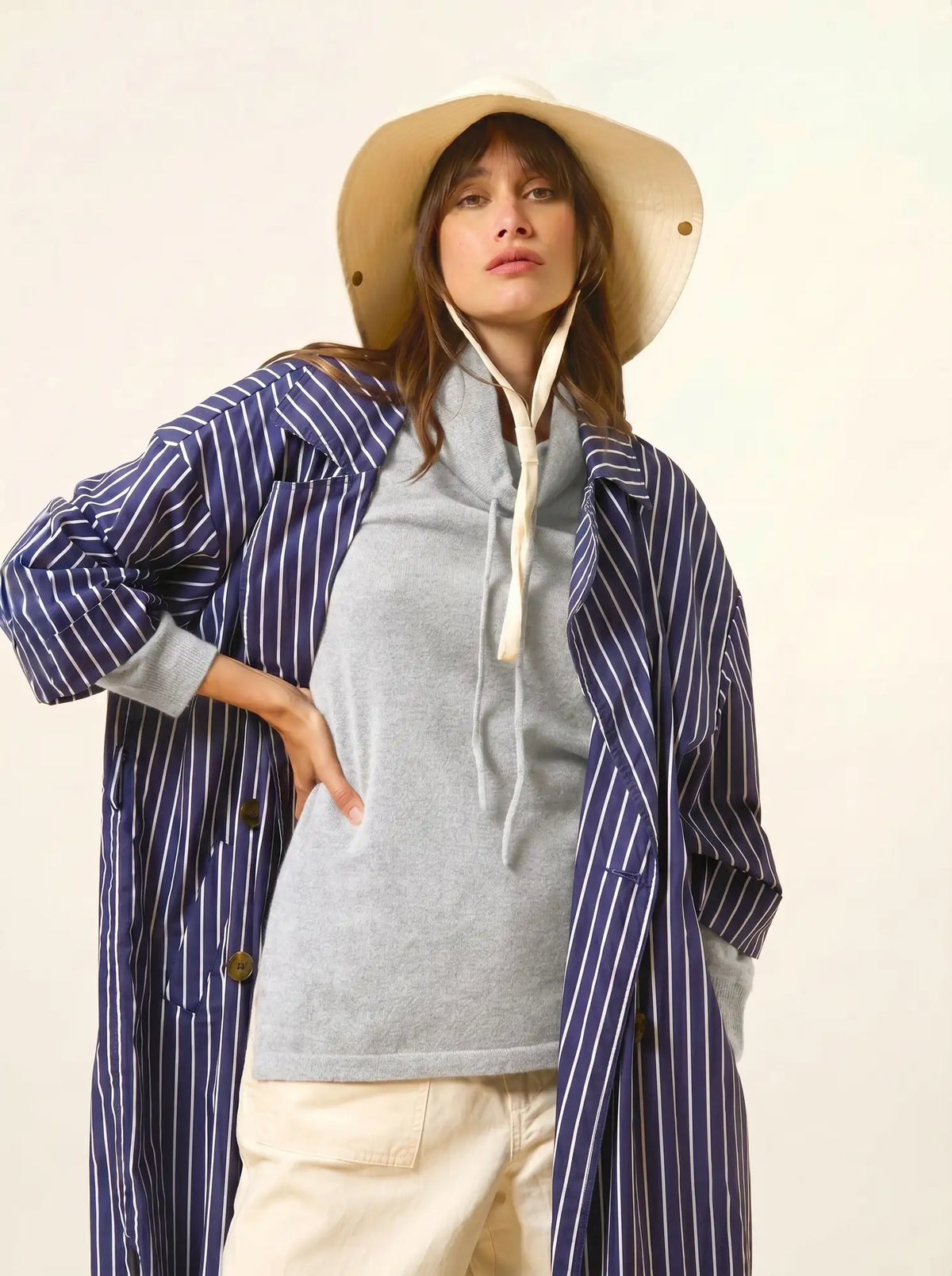 MELROSE Pull Col Montant Cordon Coulissant Fentes Côtés Gris Perle Chiné