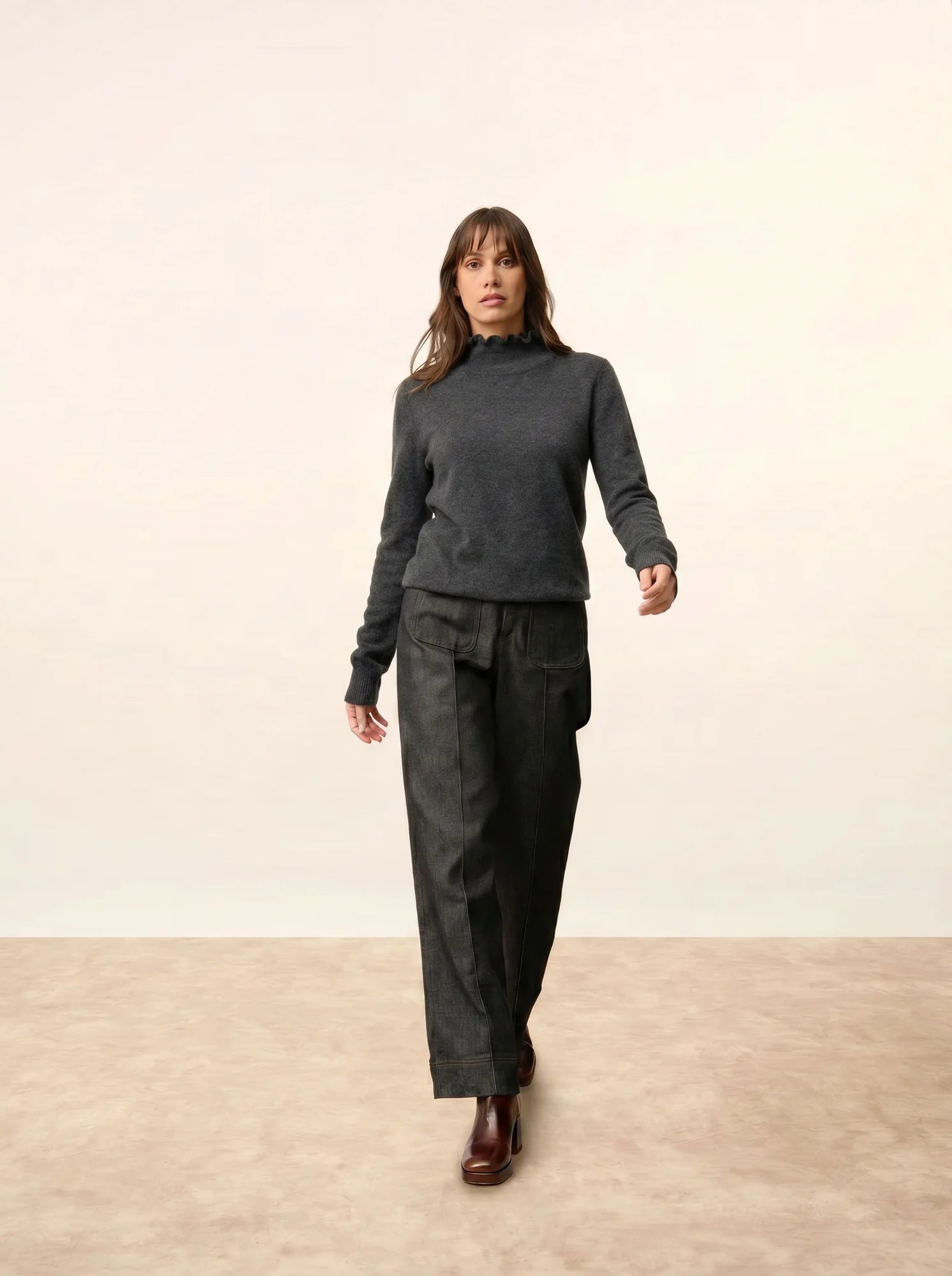 TRILA pullover stehkragen volant anthrazit meliert