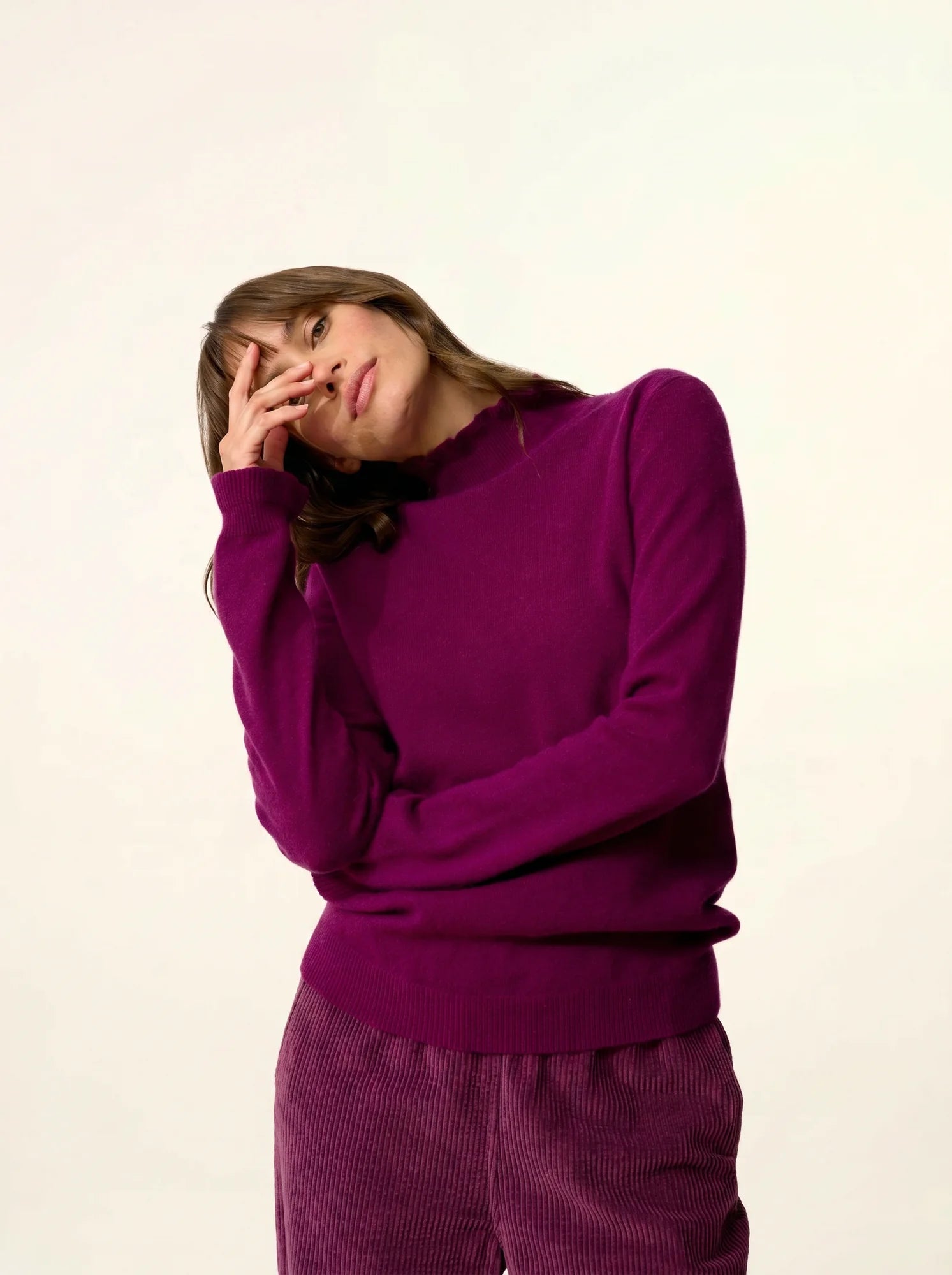 TRILA pullover stehkragen volant pflaume