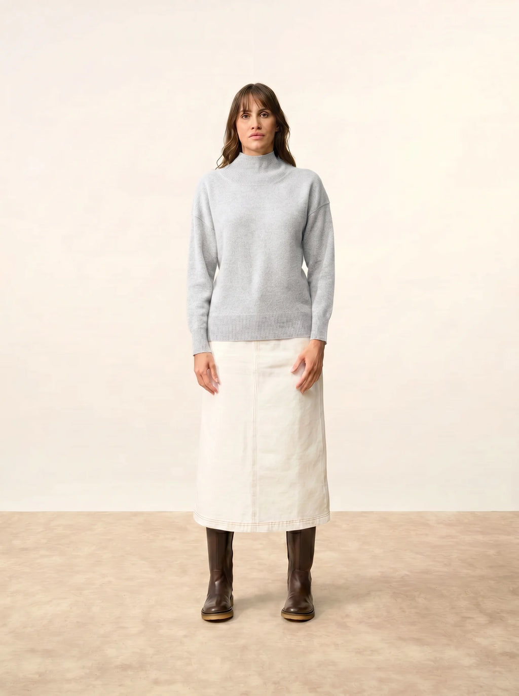 ROMY Pull Col Montant 4 Fils Gris Perle Chiné