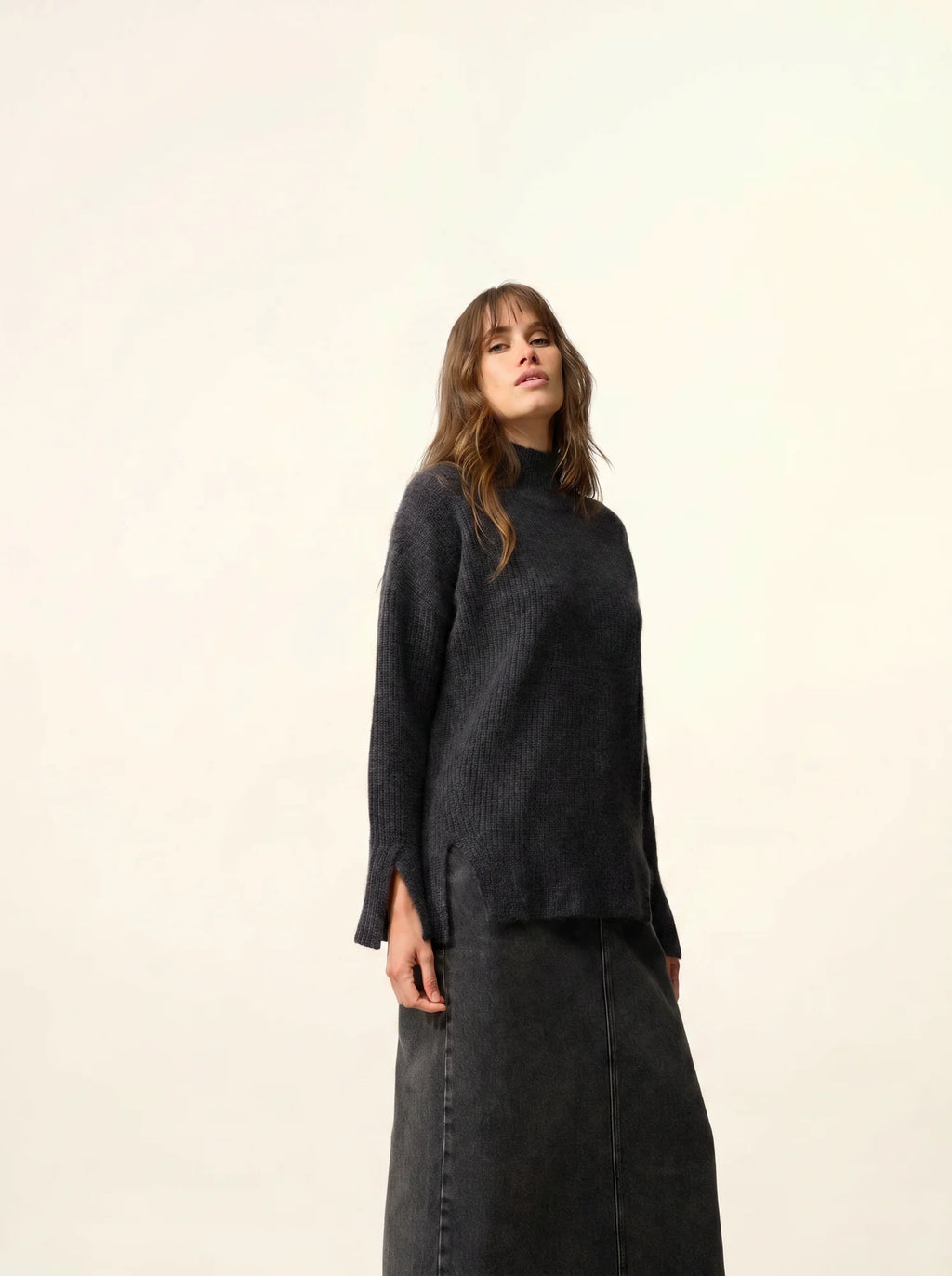 LOUISE pullover stehkragen 4-fädig schwarz meliert
