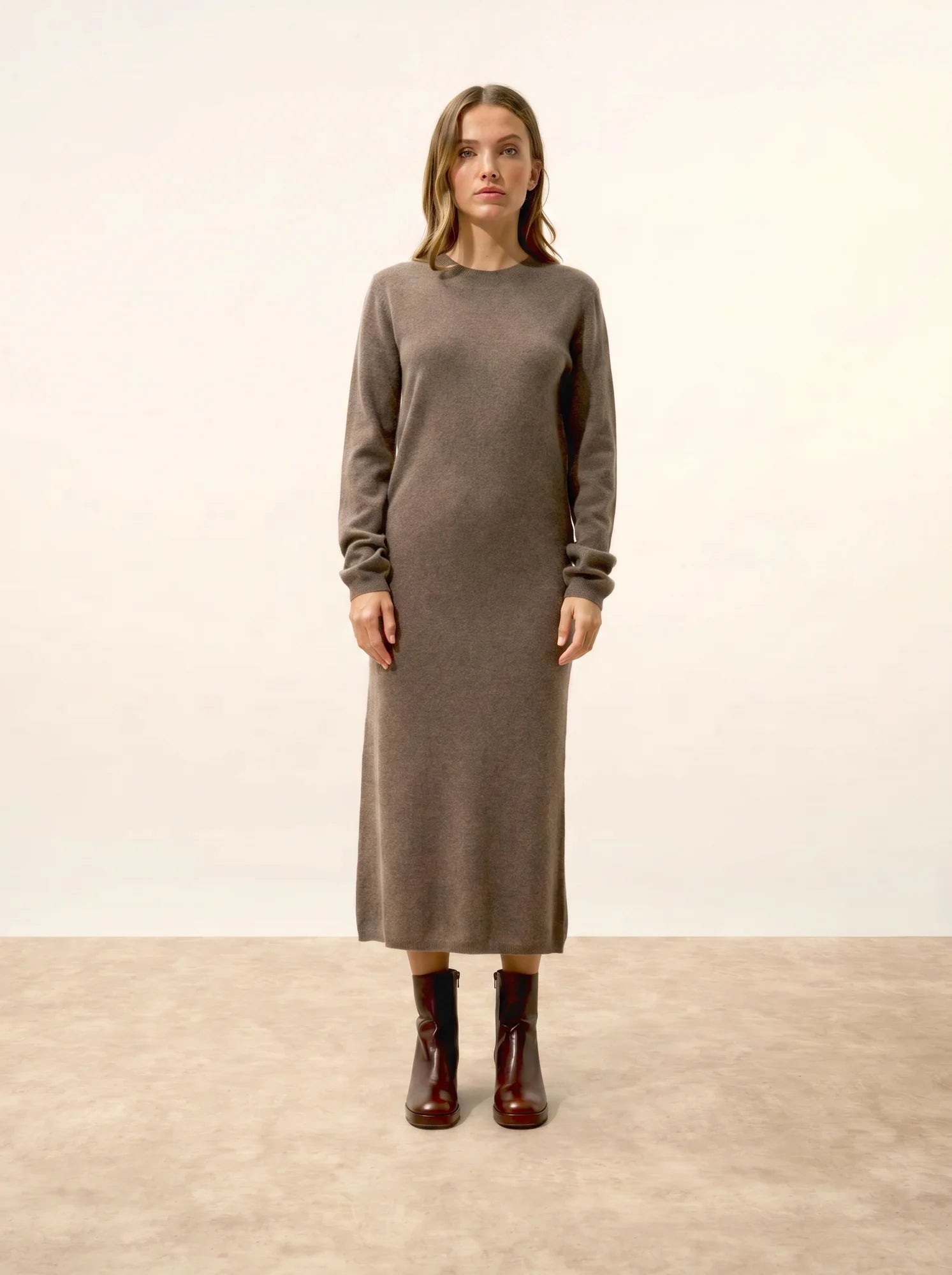 LINA kleid rundhalsausschnitt taupe meliert