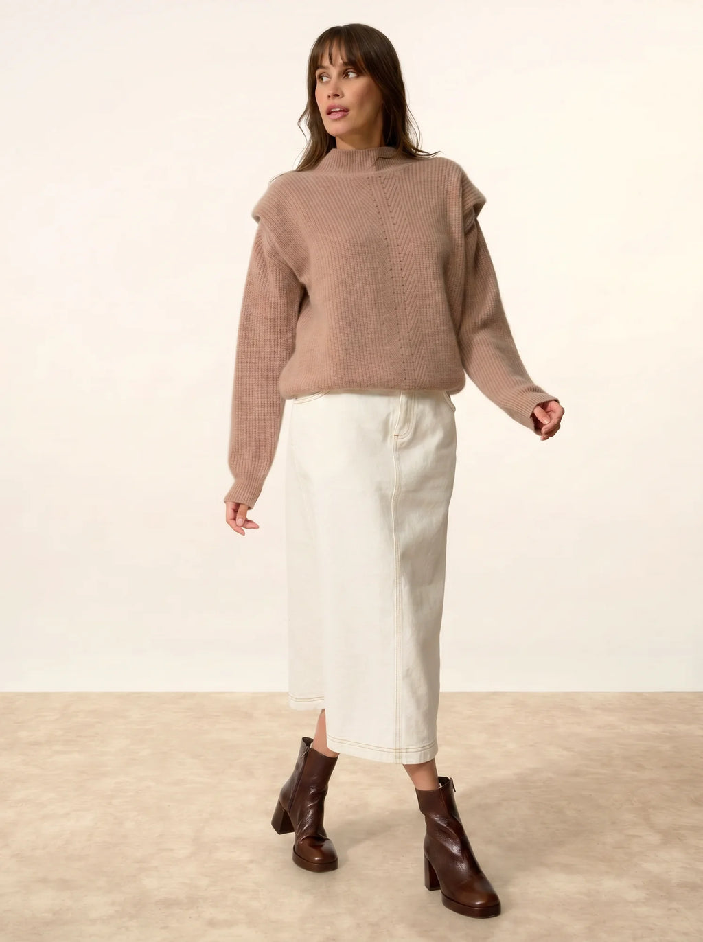 IQUITOS pullover stehkragen plis épaules 4-fädig camel meliert