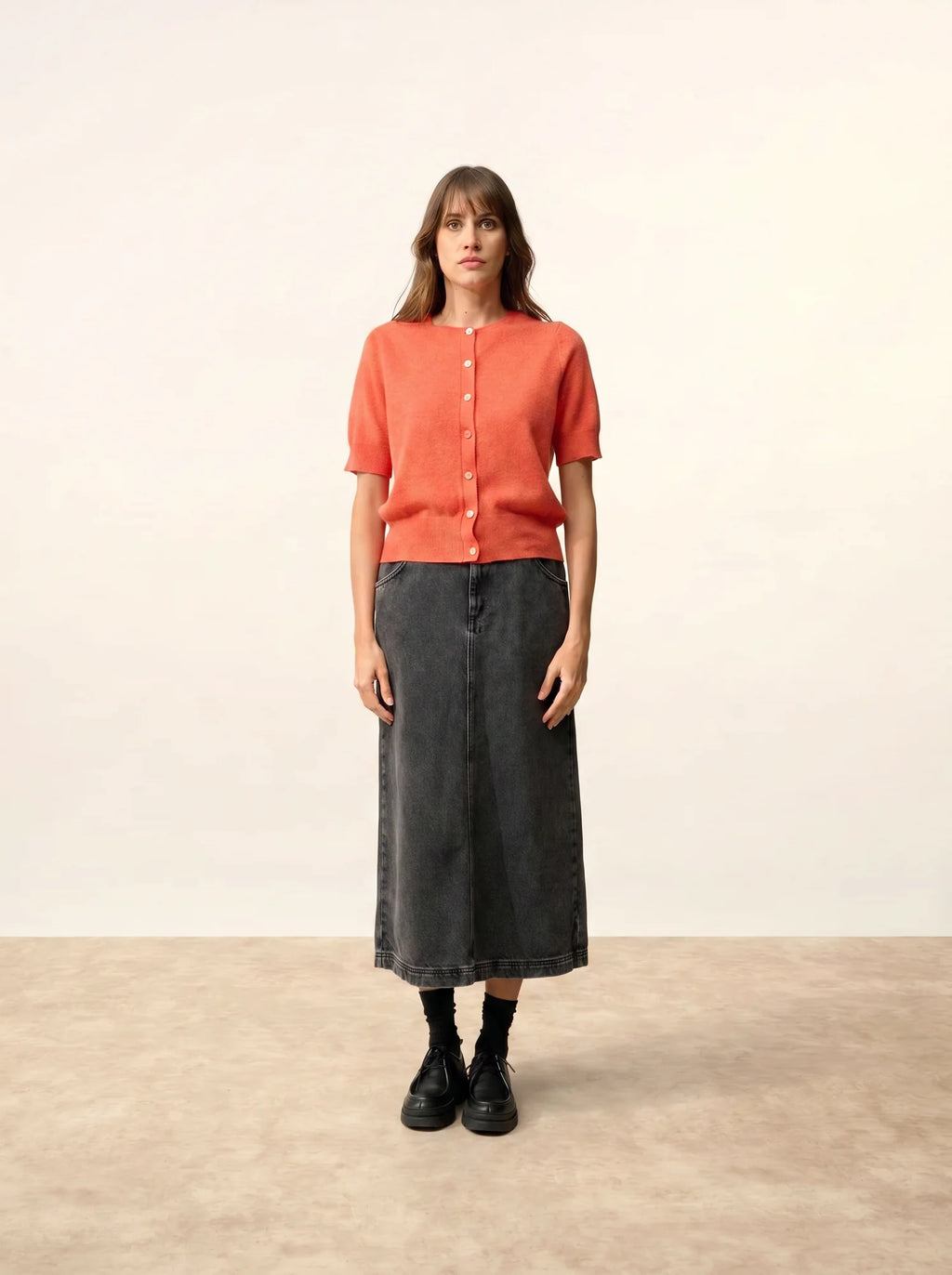 SAMUEL strickjacke rundhalsausschnitt kurzarm orange meliert