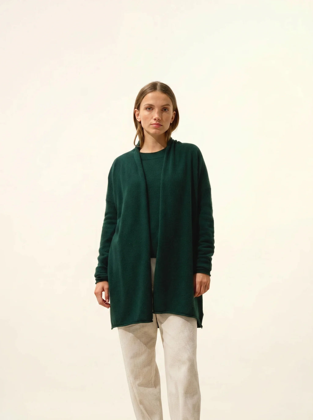 MADDIE jacke lang offen schalkragen zypresse