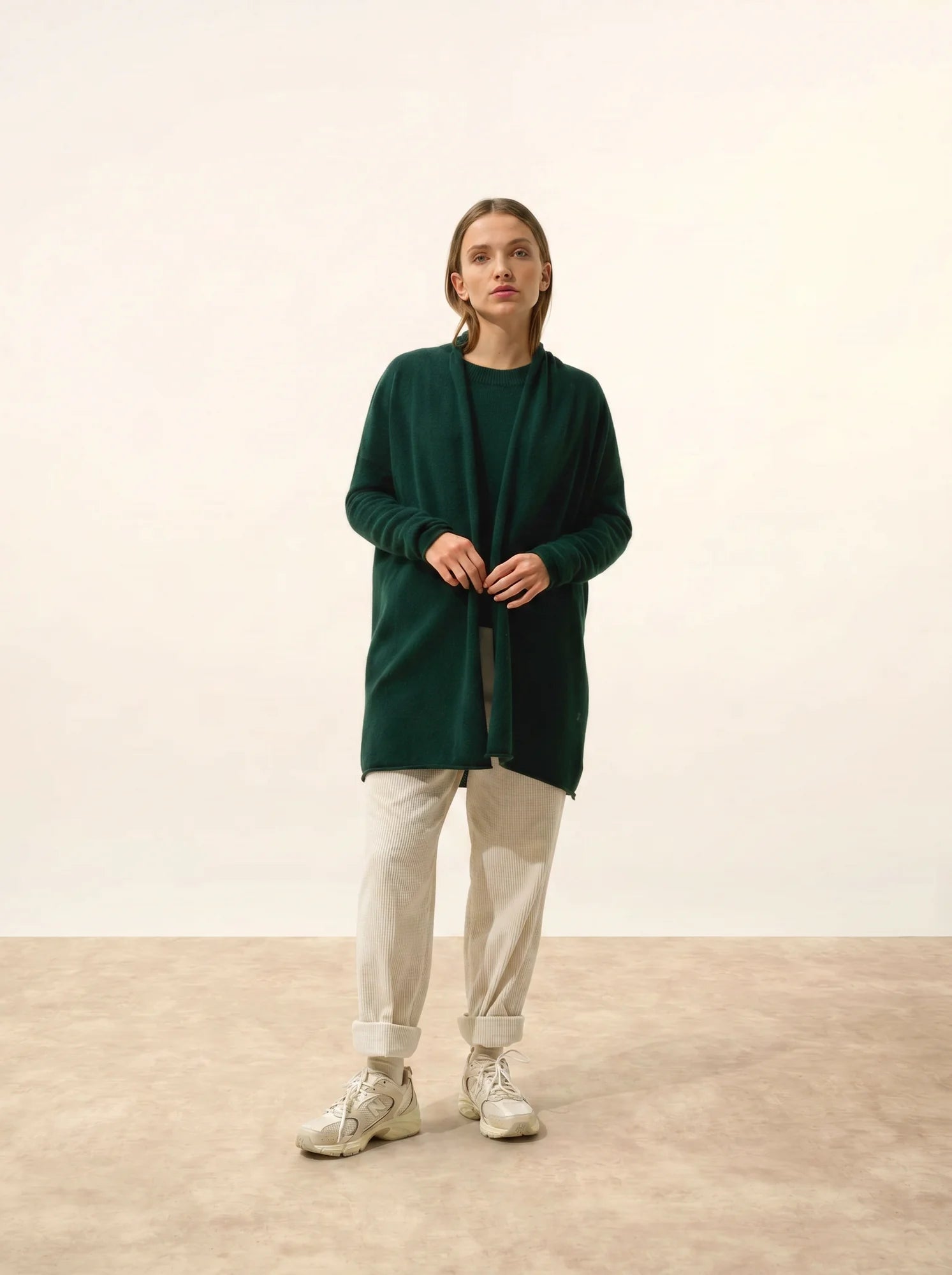 MADDIE jacke lang offen schalkragen zypresse