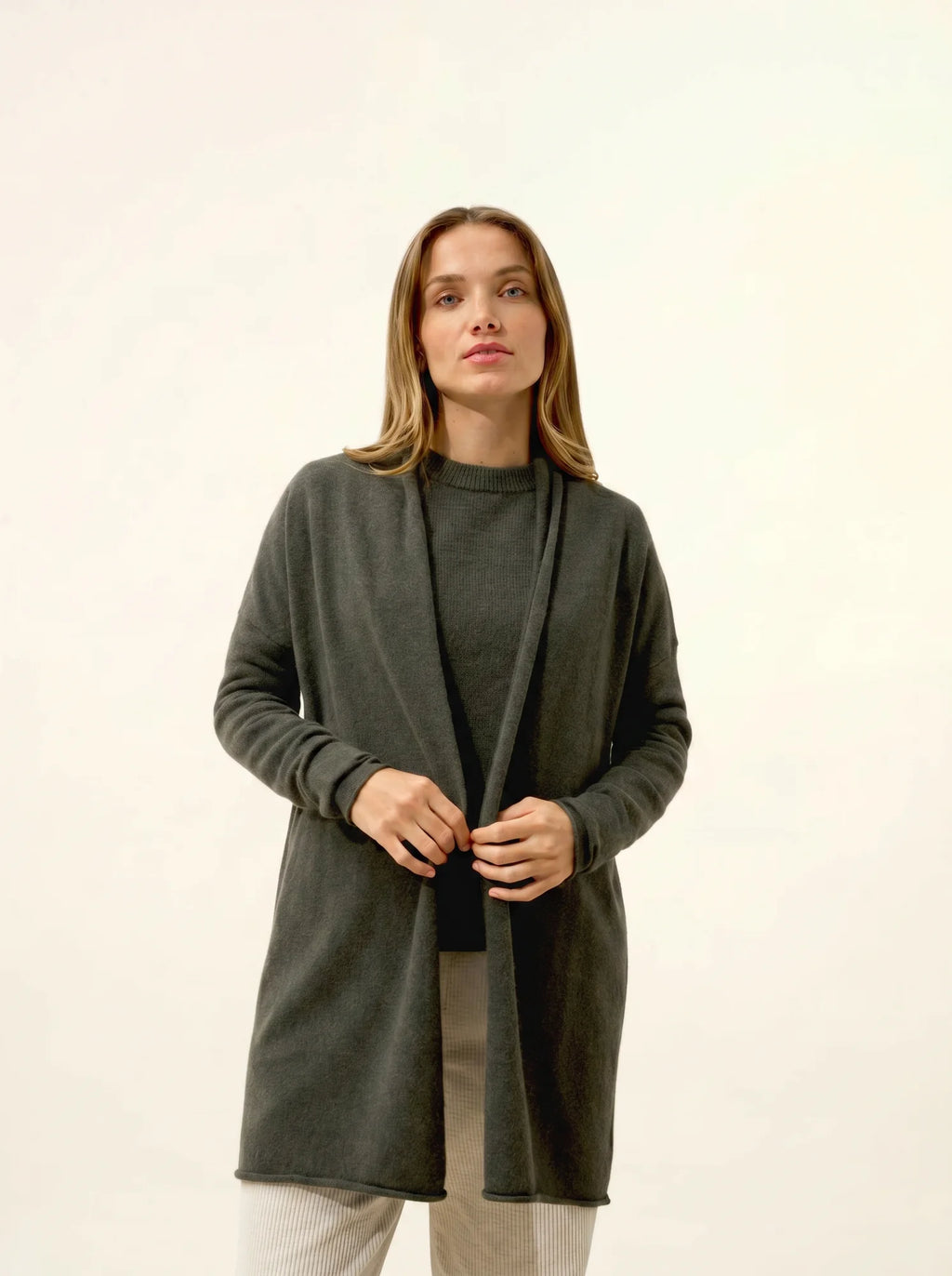 MADDIE jacke lang offen schalkragen khaki meliert