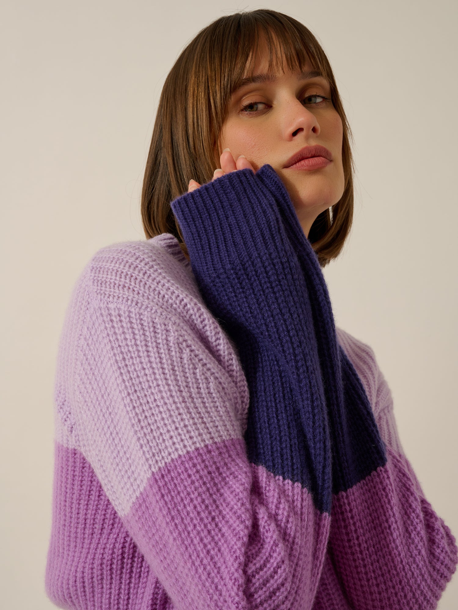 ILYANA pull col rond 6 fils tri-color mauve/parme/purple