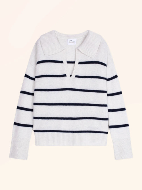 AMARISSE poloshirt v-ausschnitt croisé 4-fädig weiß meliert und marineblau