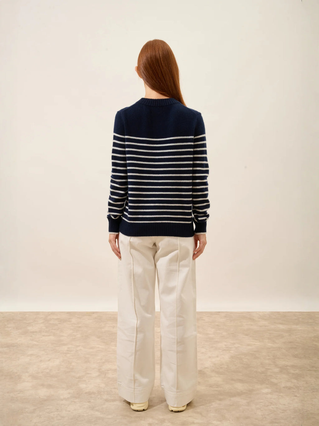 FIORA pull col rond 4 fils bleu marine et ivoire