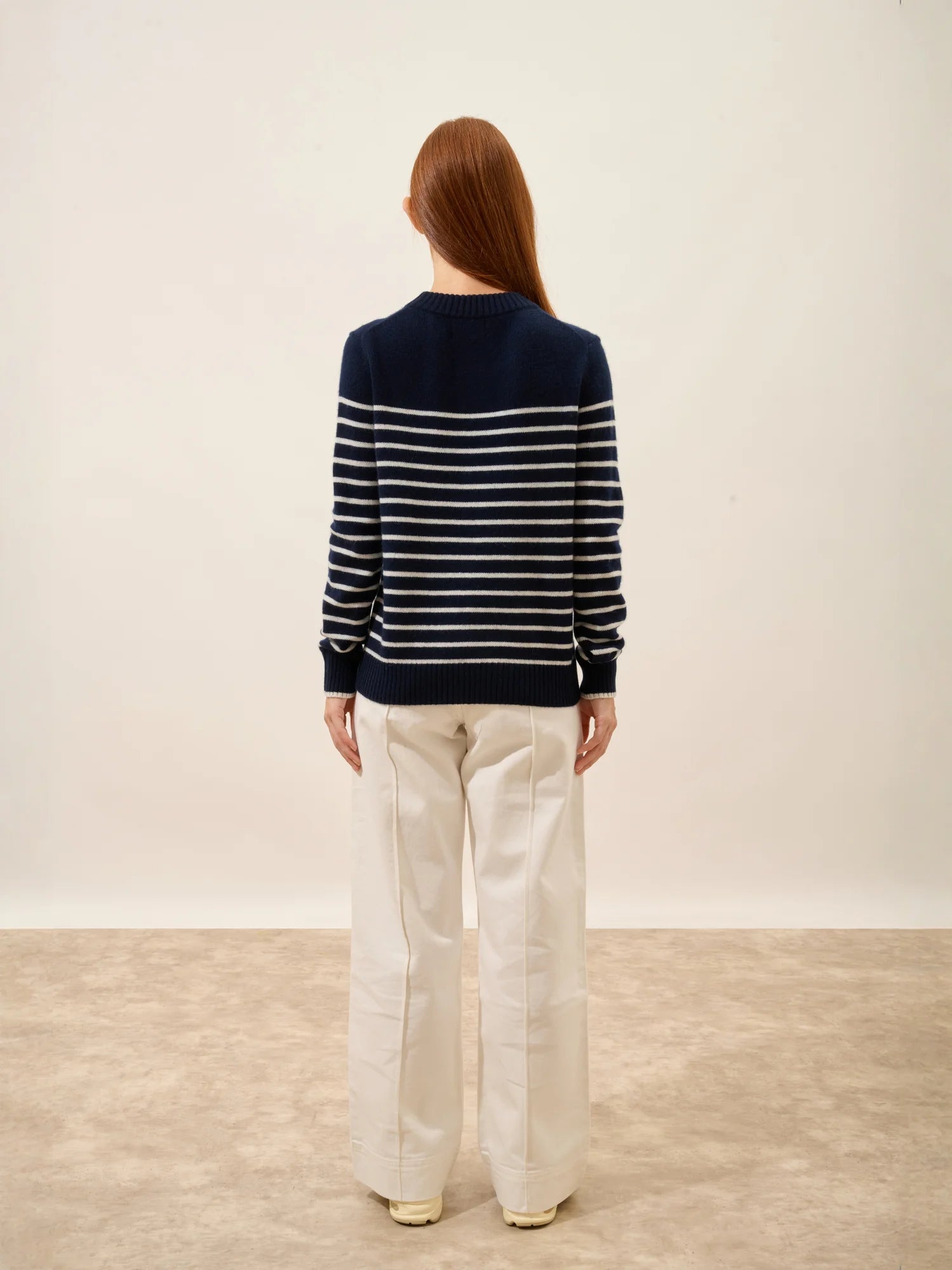FIORA pull col rond 4 fils bleu marine et ivoire