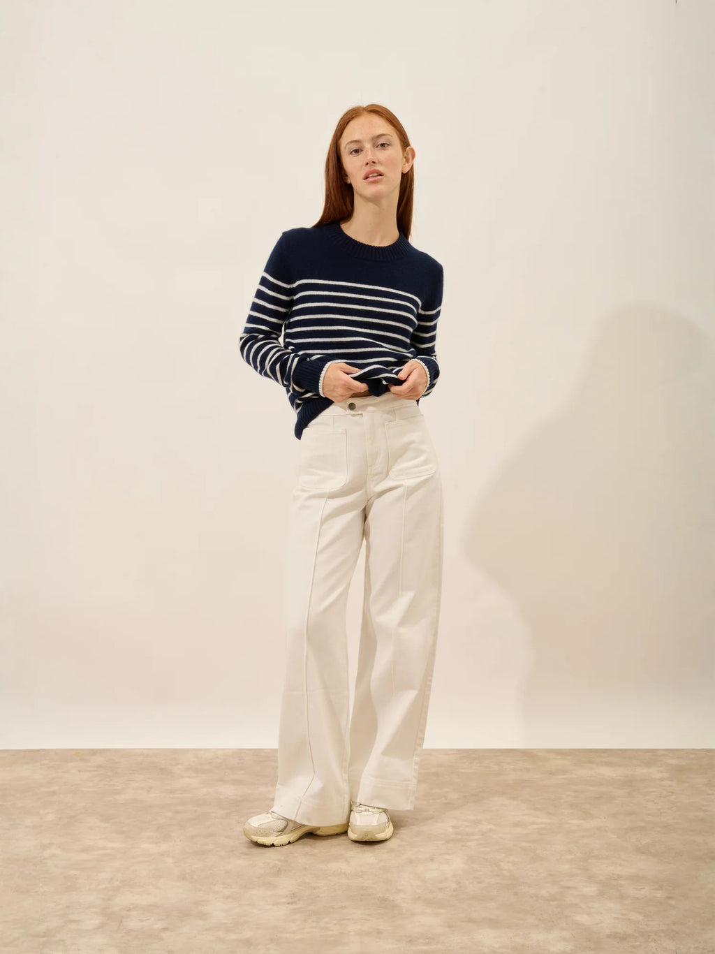 FIORA pull col rond 4 fils bleu marine et ivoire