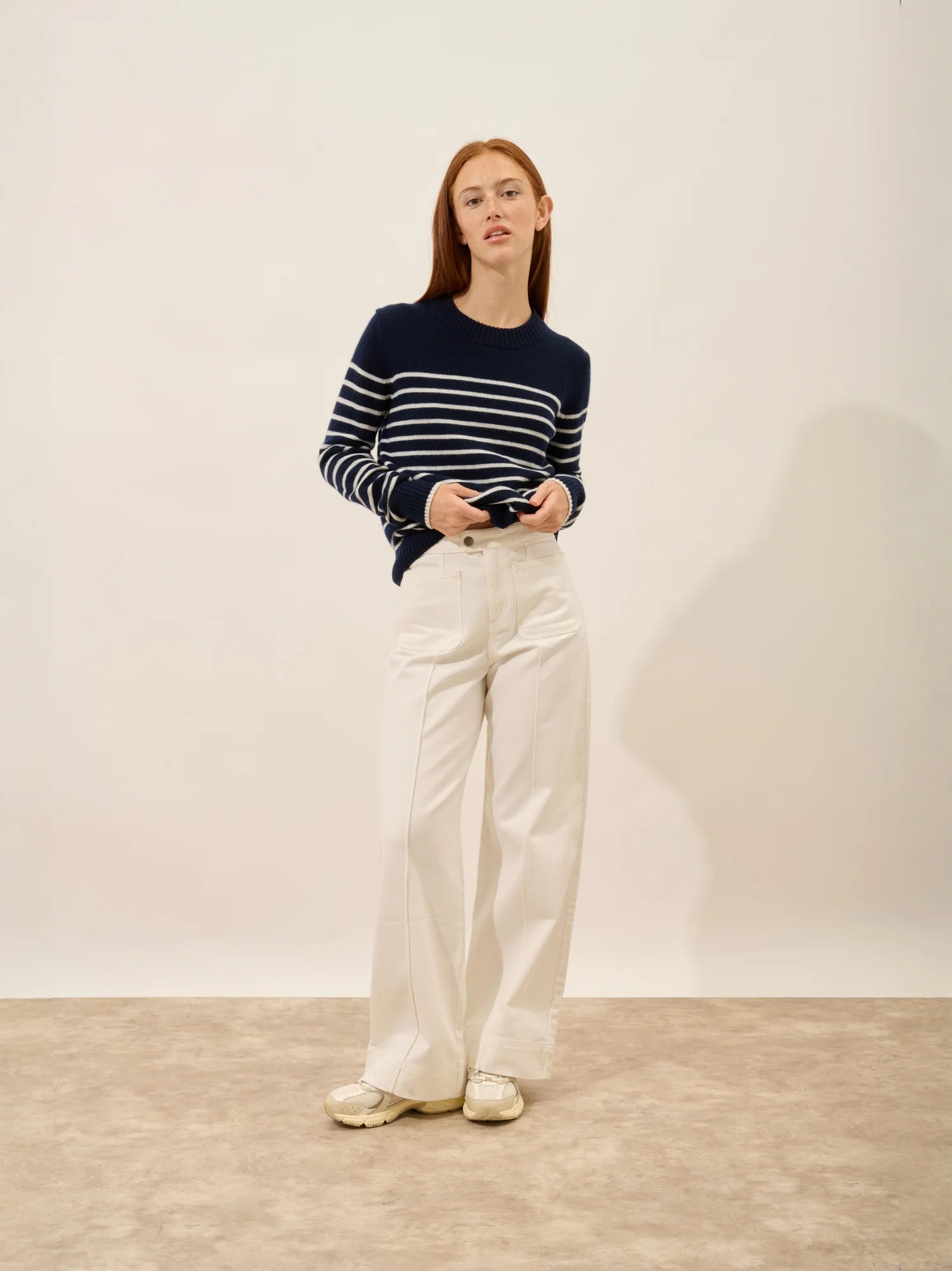 FIORA pull col rond 4 fils bleu marine et ivoire
